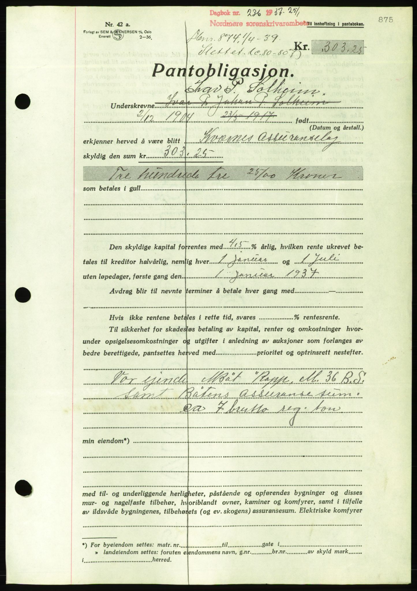 Nordmøre sorenskriveri, AV/SAT-A-4132/1/2/2Ca/L0090: Mortgage book no. B80, 1936-1937, Diary no: : 236/1937