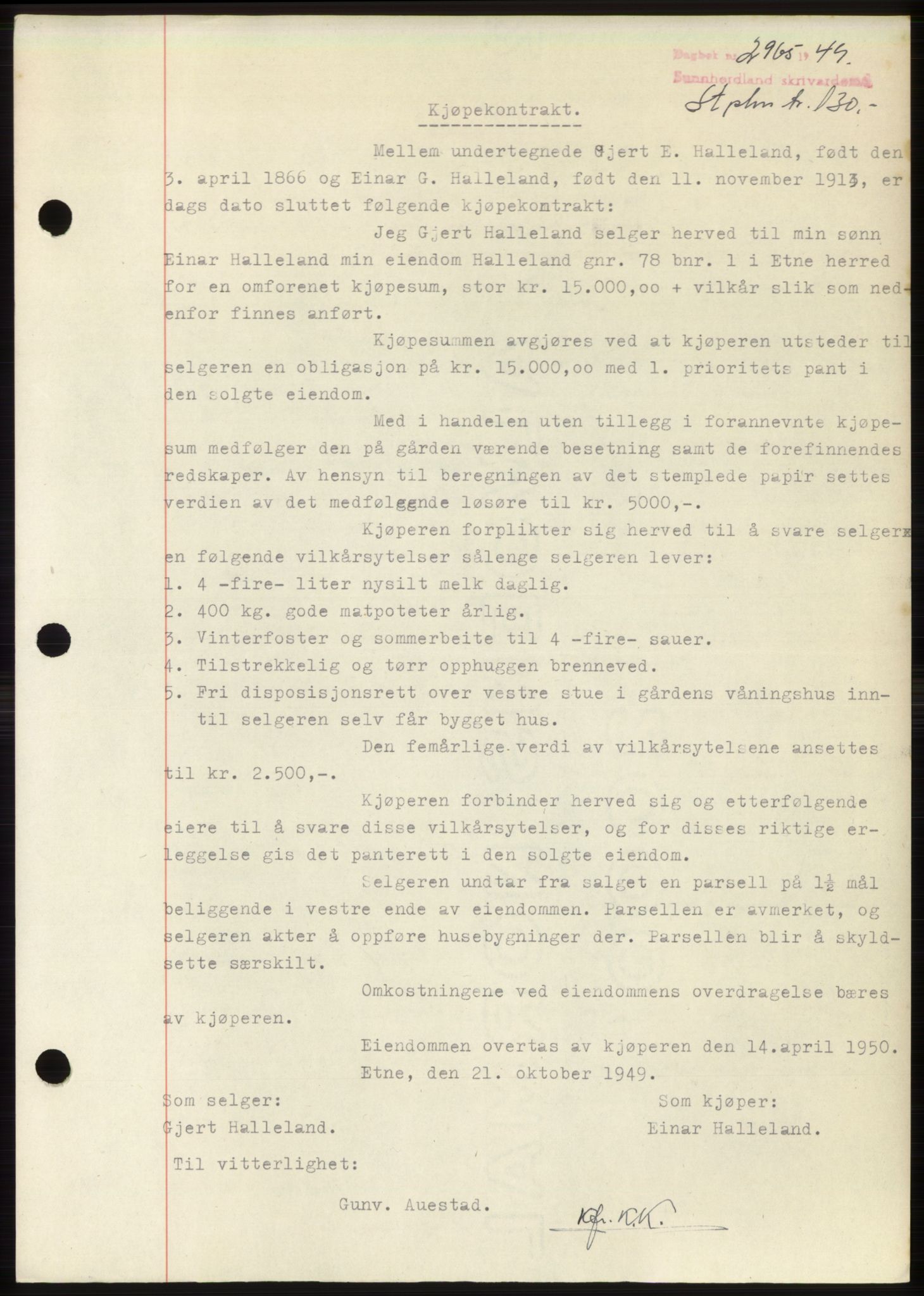 Sunnhordland sorenskrivar, AV/SAB-A-2401: Mortgage book no. B75-79, 1948-1950, Diary no: : 2965/1949