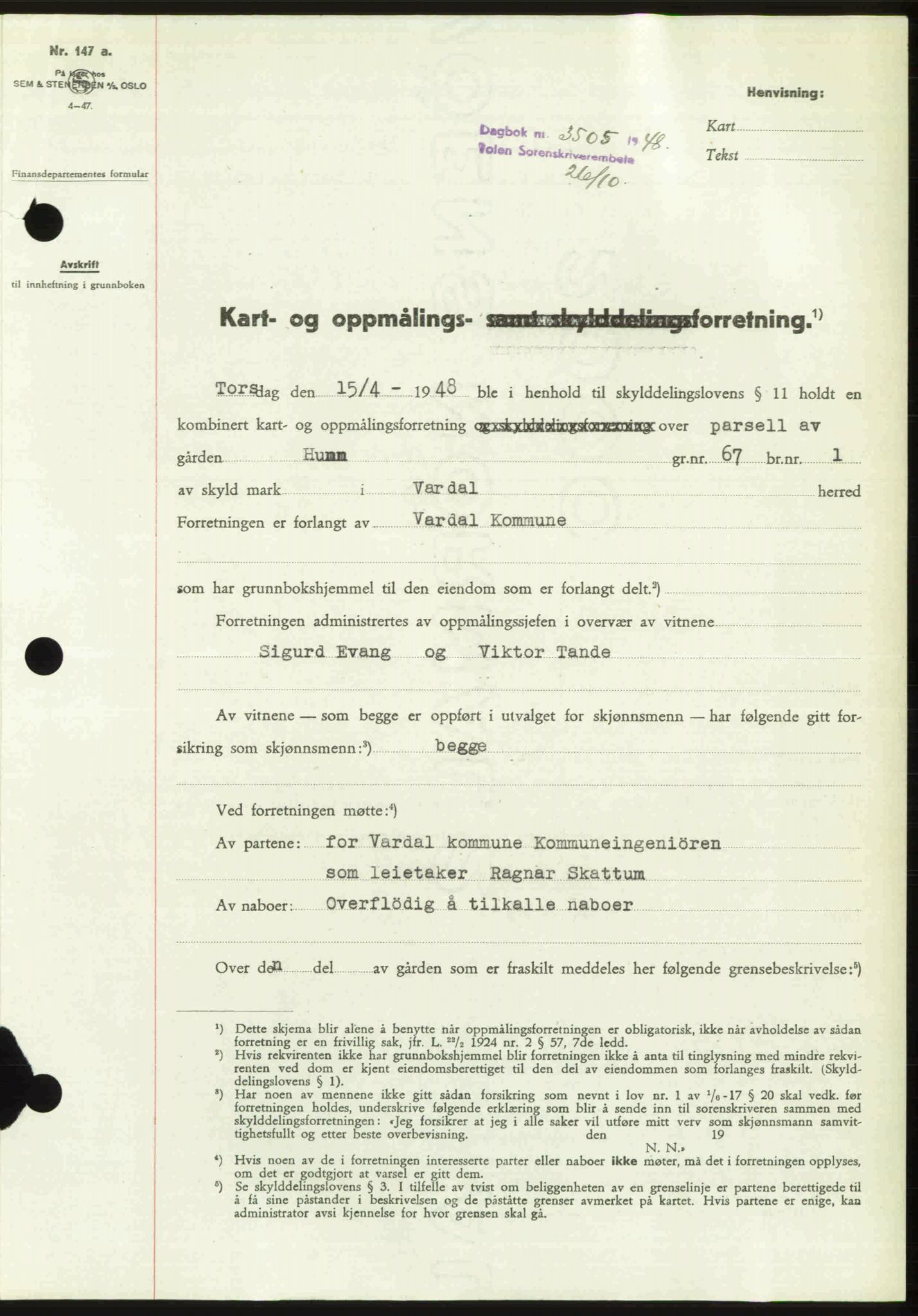 Toten tingrett, SAH/TING-006/H/Hb/Hbc/L0020: Mortgage book no. Hbc-20, 1948-1948, Diary no: : 3505/1948