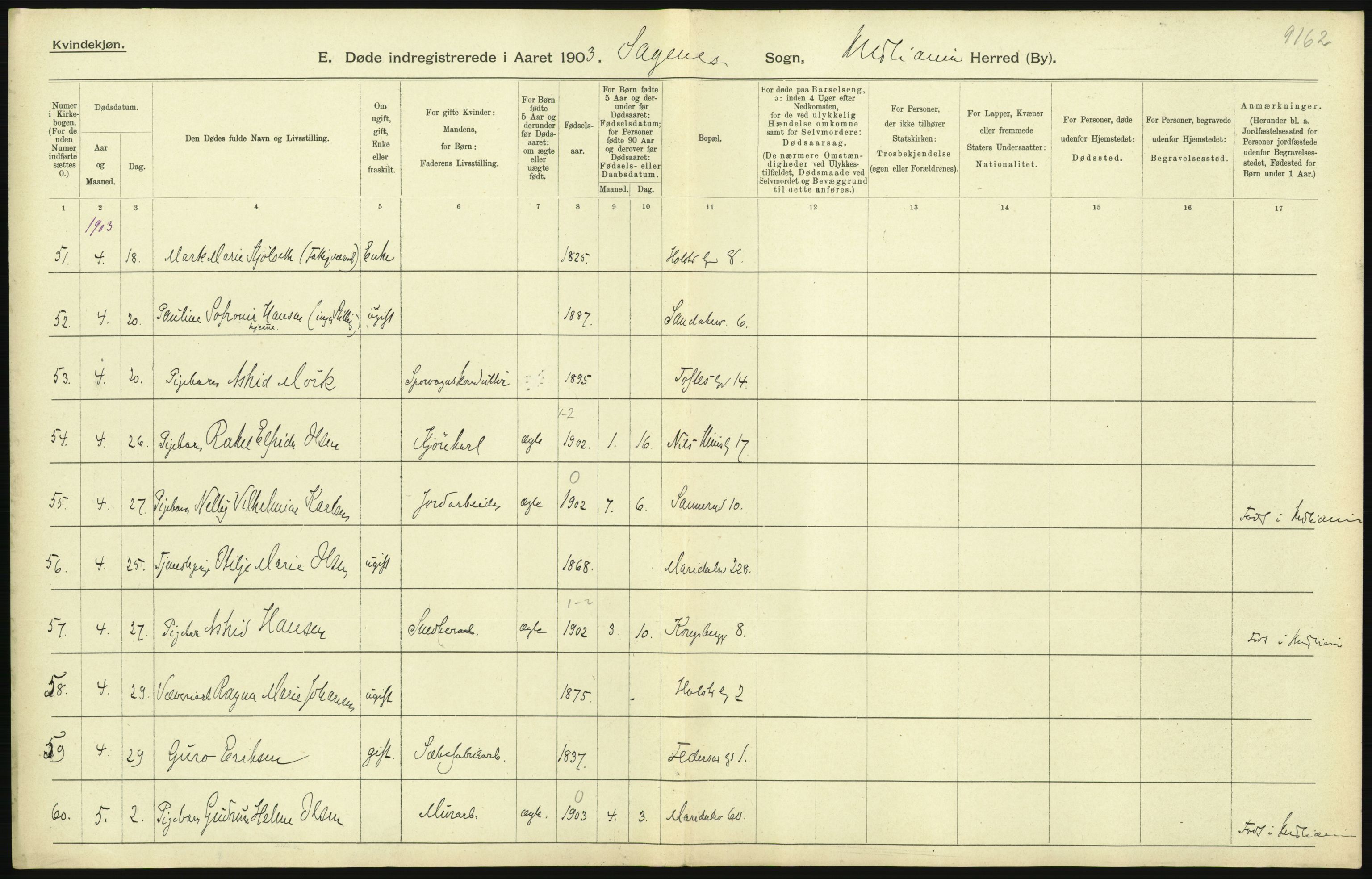 Statistisk sentralbyrå, Sosiodemografiske emner, Befolkning, AV/RA-S-2228/D/Df/Dfa/Dfaa/L0004: Kristiania: Gifte, døde, 1903, p. 87