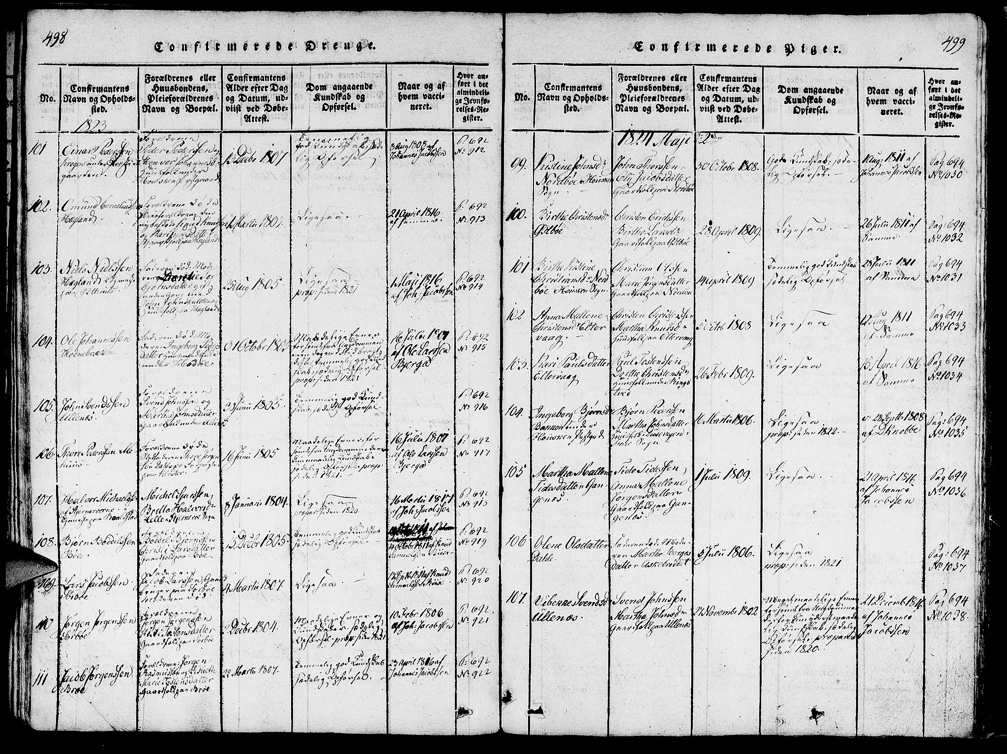 Rennesøy sokneprestkontor, AV/SAST-A -101827/H/Ha/Haa/L0004: Parish register (official) no. A 4, 1816-1837, p. 498-499