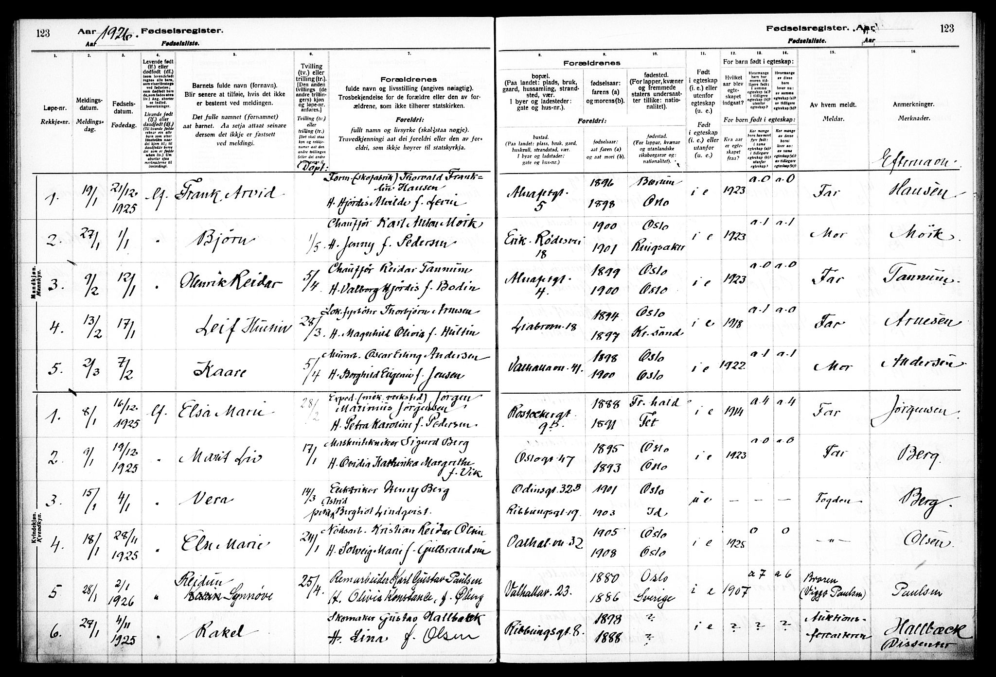 Gamlebyen prestekontor Kirkebøker, AV/SAO-A-10884/J/Ja/L0001: Birth register no. 1, 1916-1936, p. 123