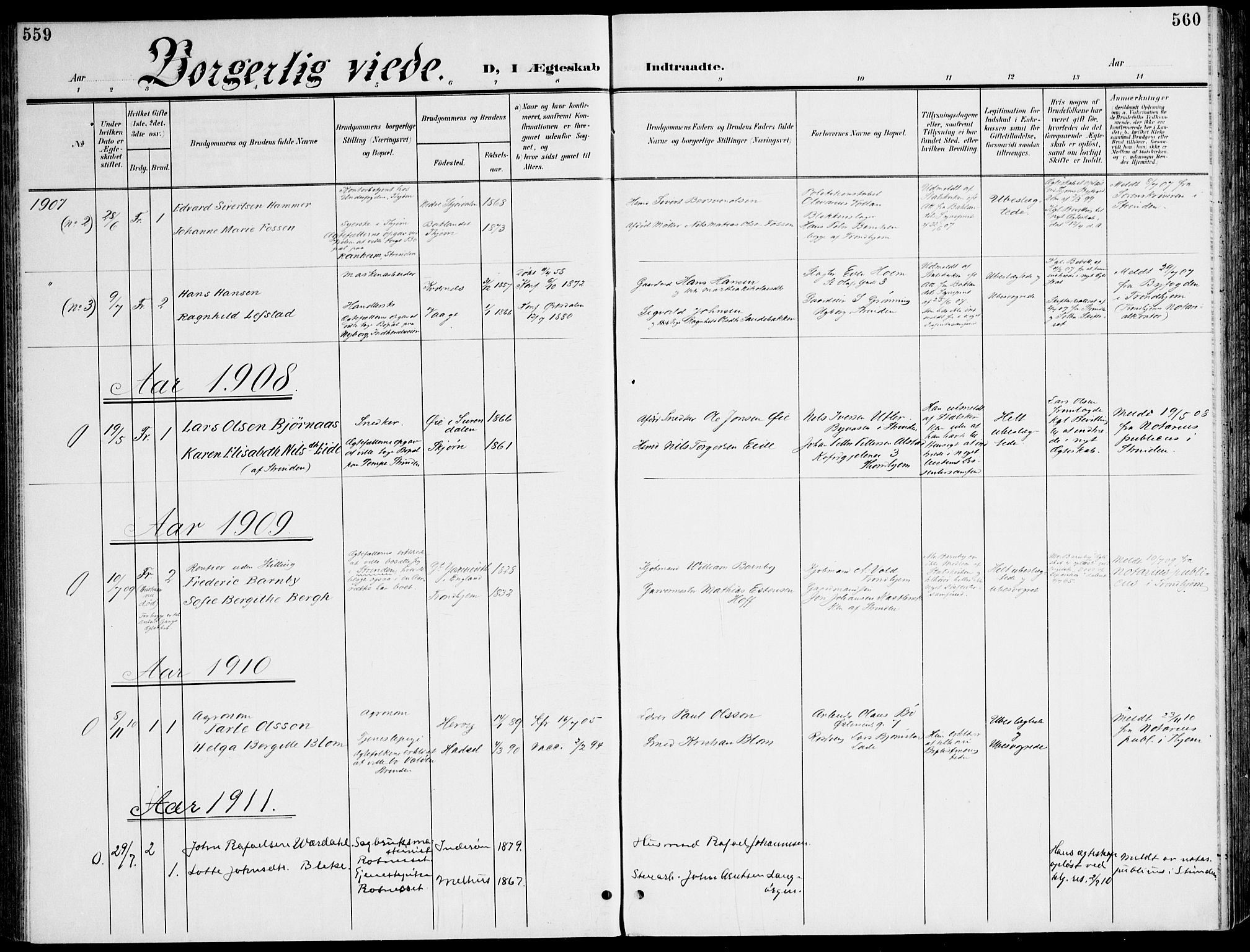 Ministerialprotokoller, klokkerbøker og fødselsregistre - Sør-Trøndelag, SAT/A-1456/607/L0320: Parish register (official) no. 607A04, 1907-1915, p. 559-560