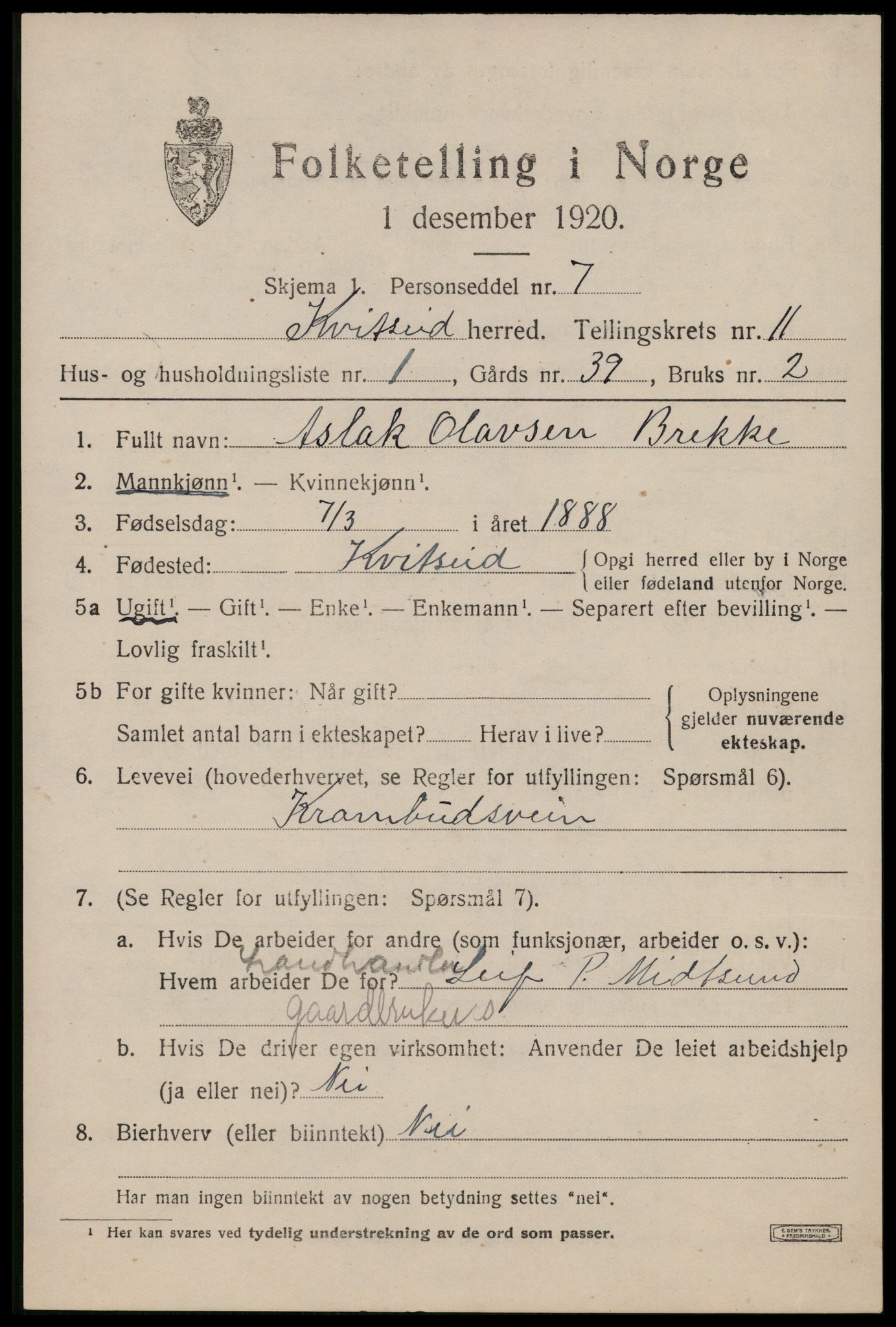 SAKO, 1920 census for Kviteseid, 1920, p. 5247