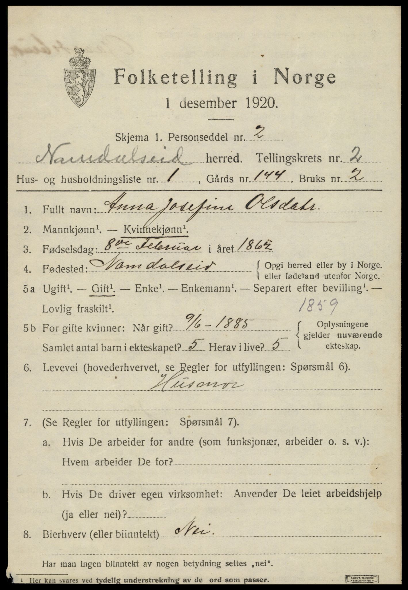 SAT, 1920 census for Namdalseid, 1920, p. 1346