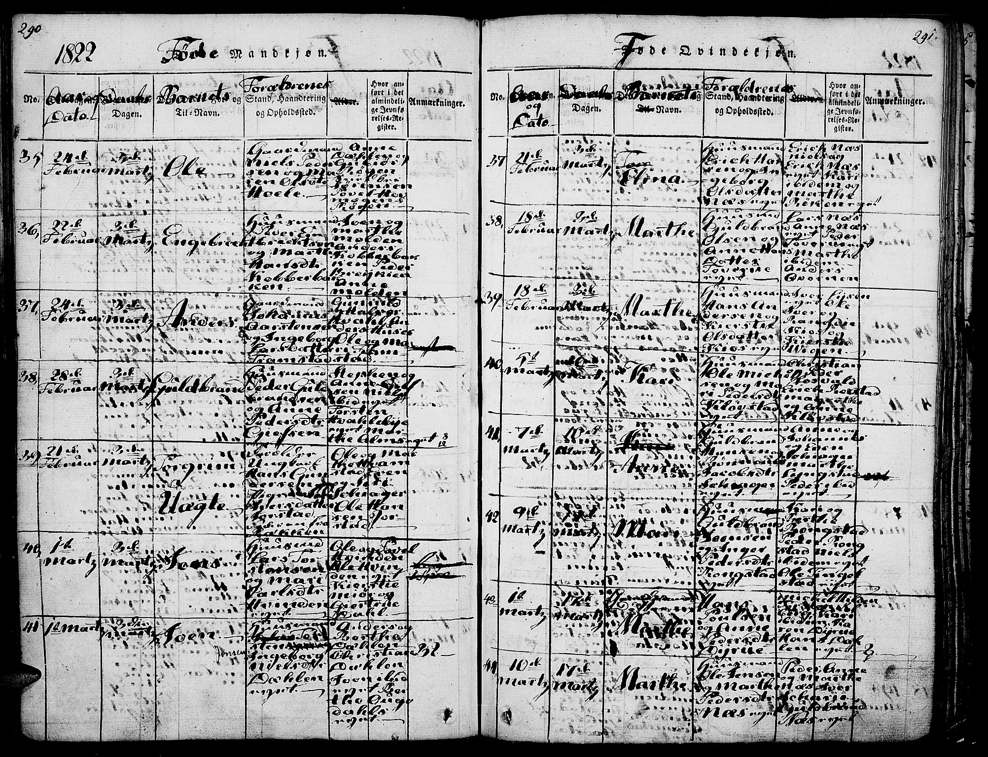 Gran prestekontor, AV/SAH-PREST-112/H/Ha/Haa/L0009: Parish register (official) no. 9, 1815-1824, p. 290-291