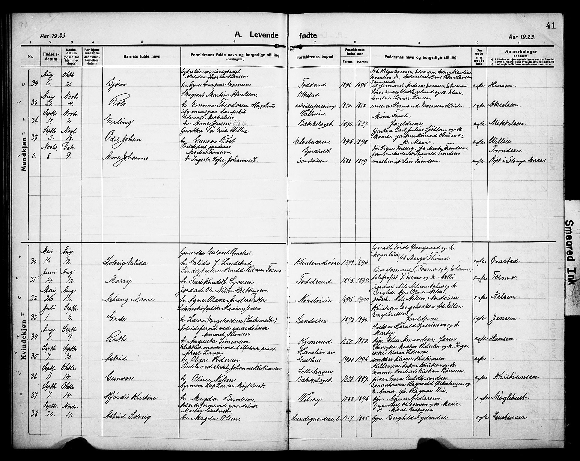 Stange prestekontor, AV/SAH-PREST-002/L/L0015: Parish register (copy) no. 15, 1916-1928, p. 41