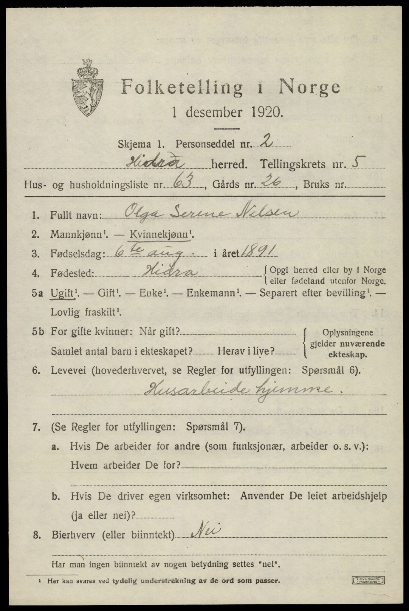 SAK, 1920 census for Hidra, 1920, p. 4054