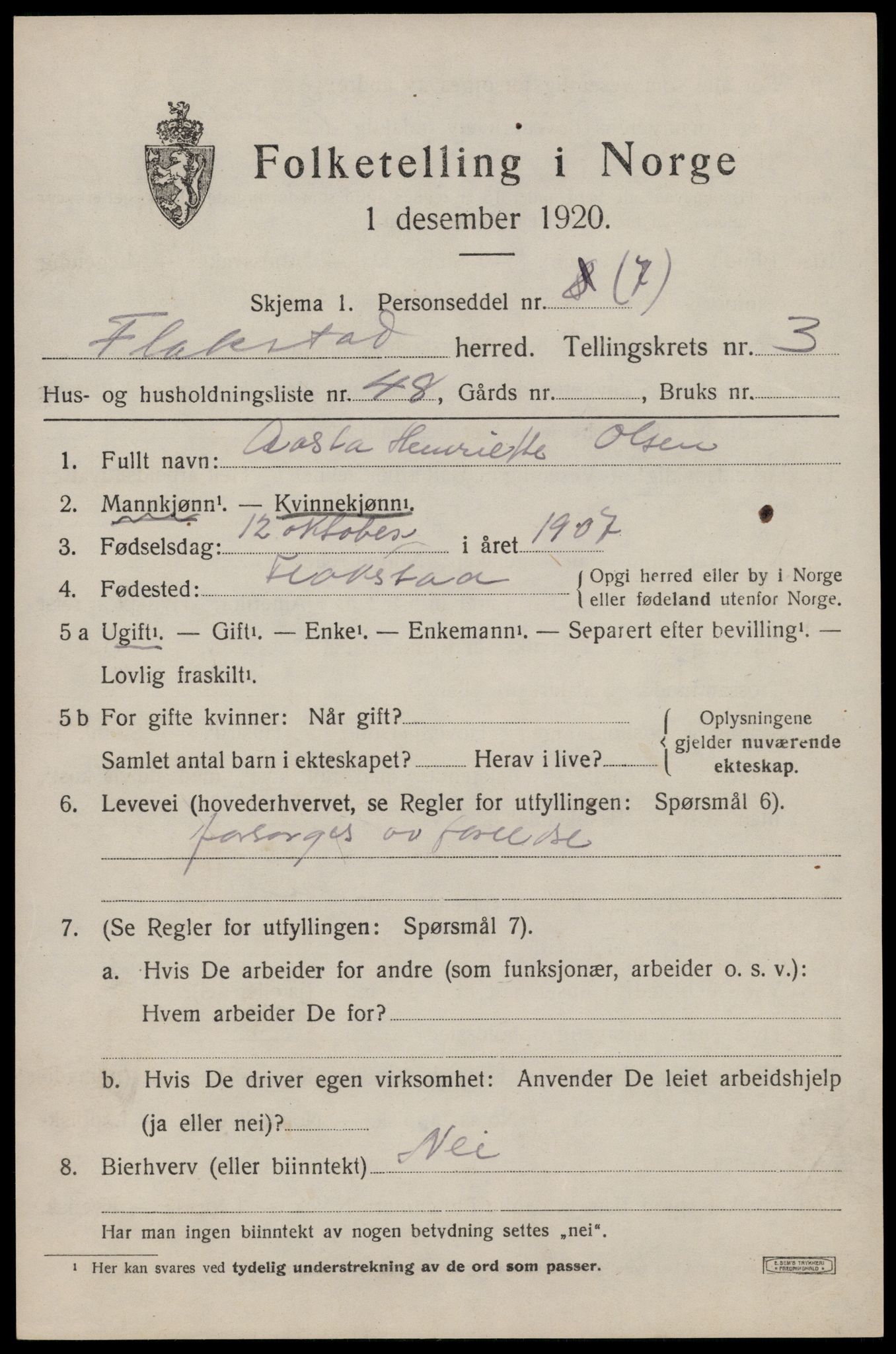 SAT, 1920 census for Flakstad, 1920, p. 2795