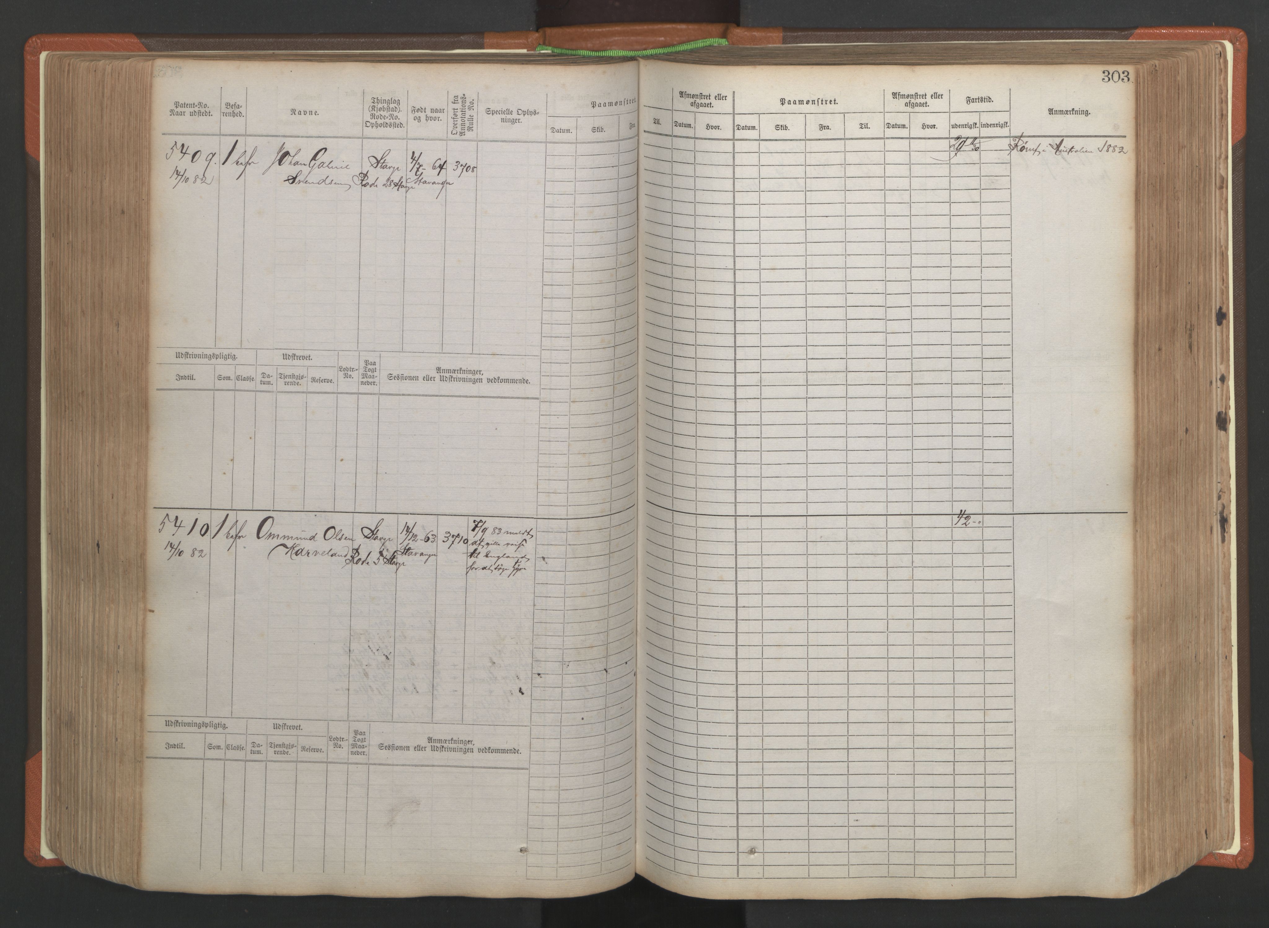 Stavanger sjømannskontor, AV/SAST-A-102006/F/Fb/Fbb/L0009: Sjøfartshovedrulle, patentnr. 4805-6006, 1879-1887, p. 309