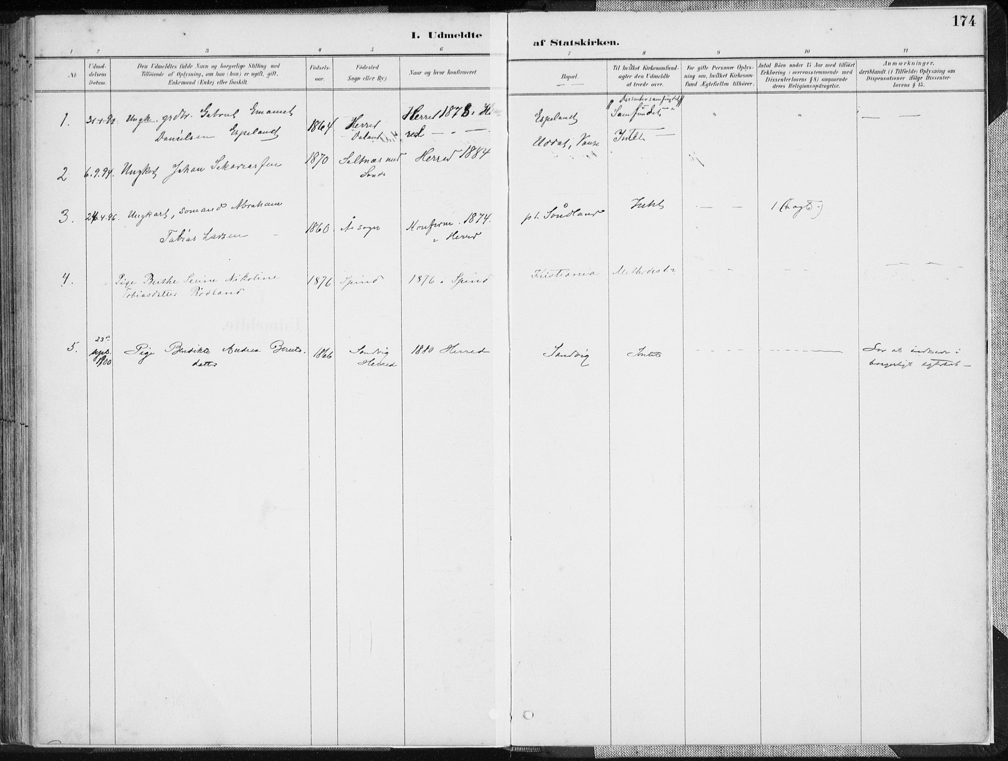 Herad sokneprestkontor, AV/SAK-1111-0018/F/Fa/Faa/L0006: Parish register (official) no. A 6, 1887-1907, p. 174