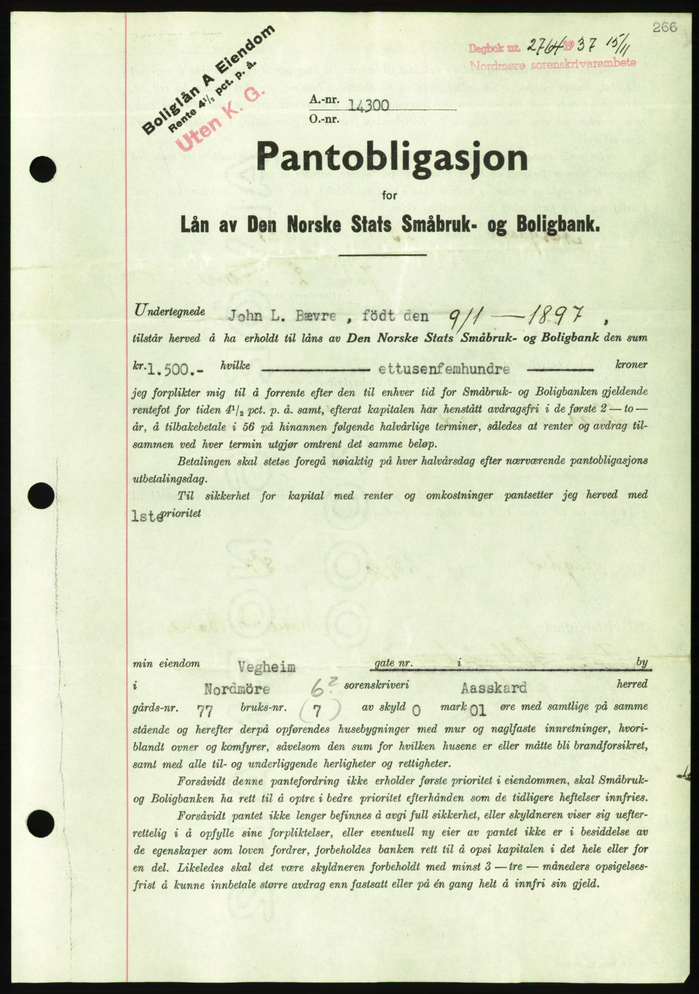 Nordmøre sorenskriveri, AV/SAT-A-4132/1/2/2Ca/L0092: Mortgage book no. B82, 1937-1938, Diary no: : 2764/1937