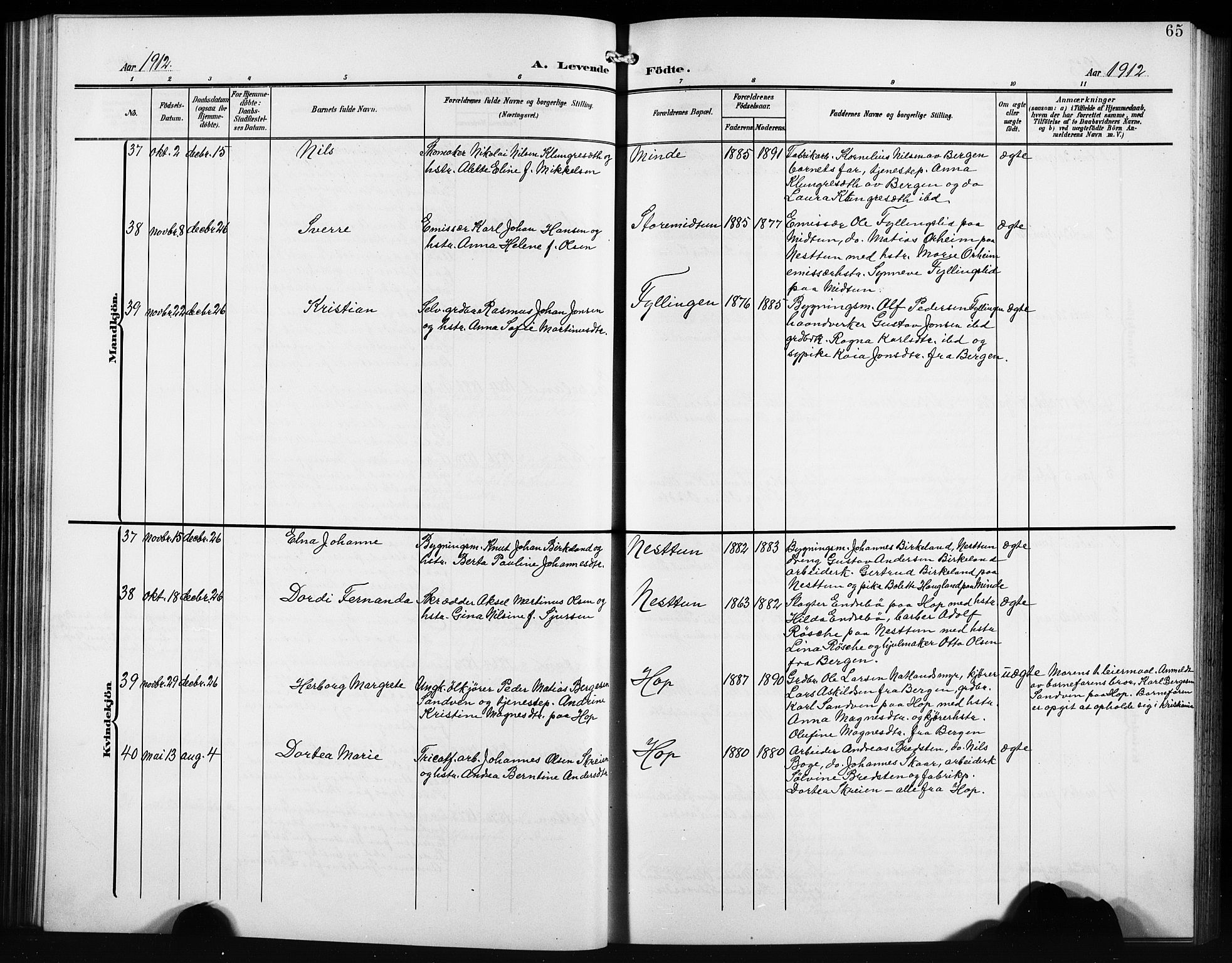 Birkeland Sokneprestembete, AV/SAB-A-74601/H/Hab: Parish register (copy) no. A 6, 1906-1915, p. 65