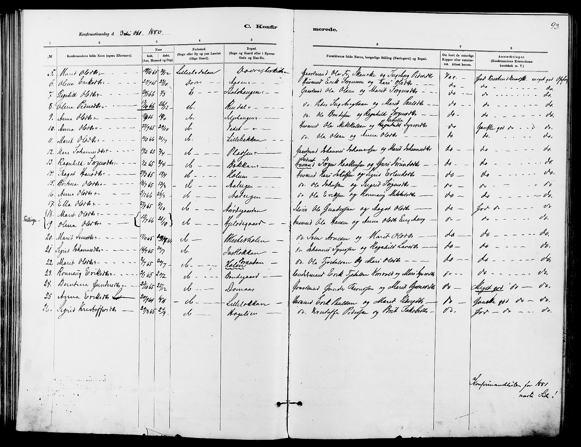 Dovre prestekontor, SAH/PREST-066/H/Ha/Haa/L0002: Parish register (official) no. 2, 1879-1890, p. 93