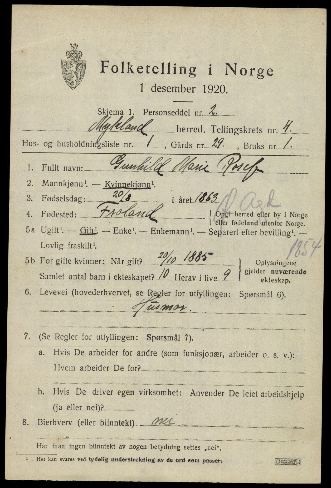 SAK, 1920 census for Mykland, 1920, p. 1324