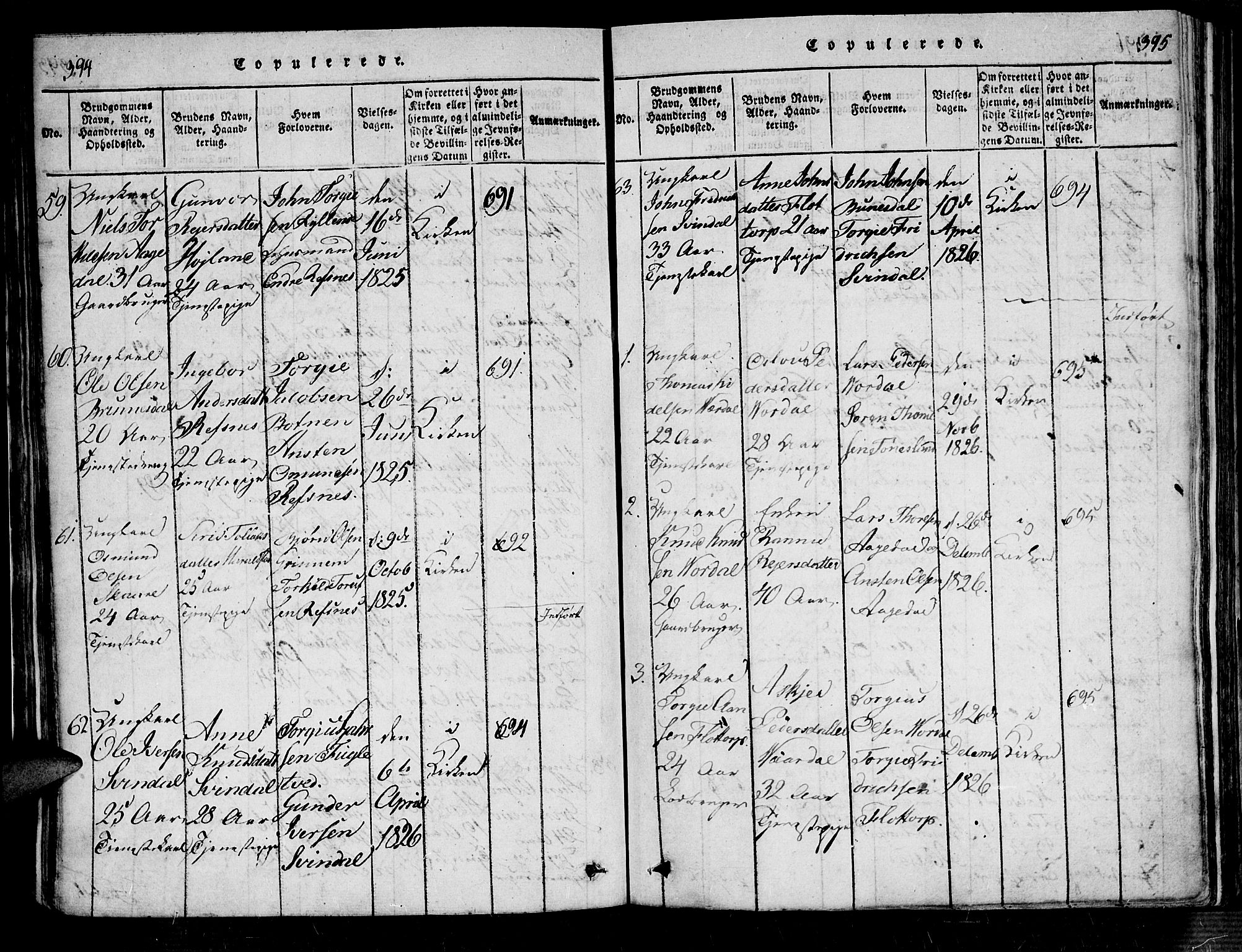 Bjelland sokneprestkontor, SAK/1111-0005/F/Fa/Fac/L0001: Parish register (official) no. A 1, 1815-1866, p. 394-395