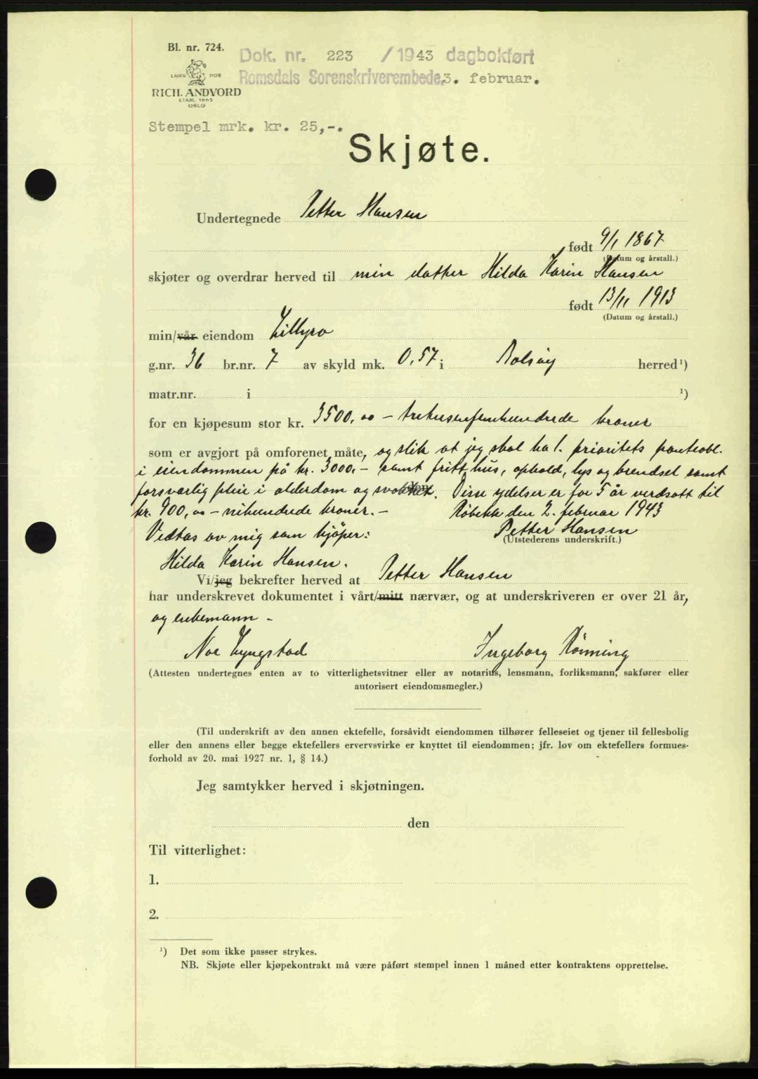 Romsdal sorenskriveri, AV/SAT-A-4149/1/2/2C: Mortgage book no. A13, 1942-1943, Diary no: : 223/1943