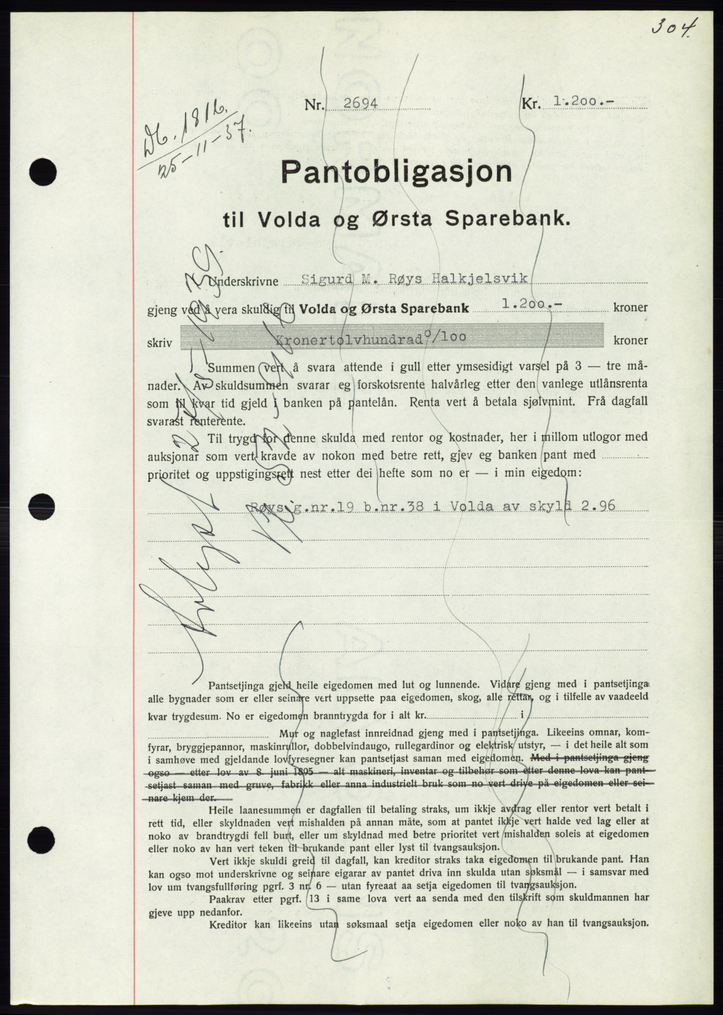 Søre Sunnmøre sorenskriveri, AV/SAT-A-4122/1/2/2C/L0064: Mortgage book no. 58, 1937-1938, Diary no: : 1816/1937