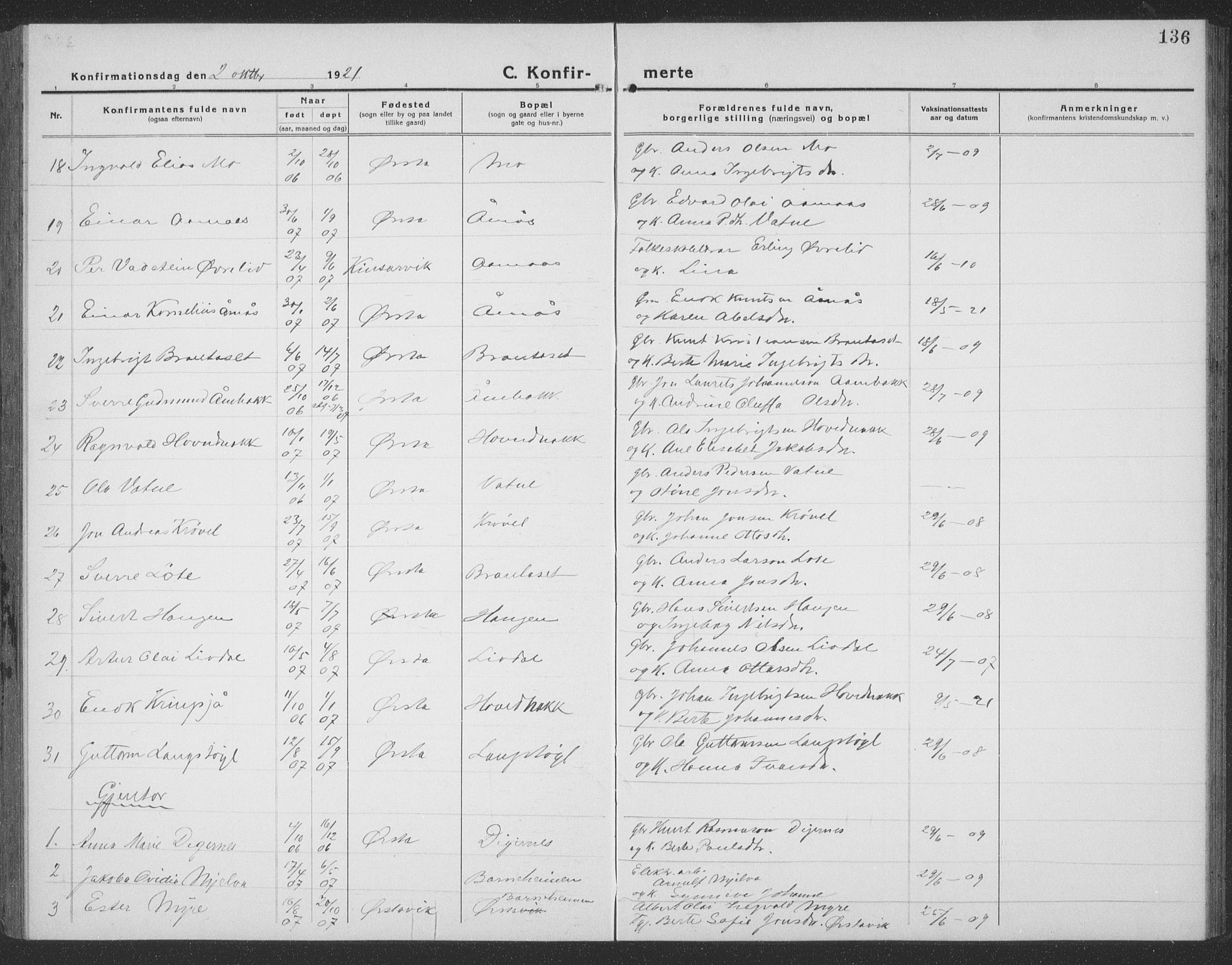 Ministerialprotokoller, klokkerbøker og fødselsregistre - Møre og Romsdal, SAT/A-1454/513/L0191: Parish register (copy) no. 513C05, 1920-1941, p. 136