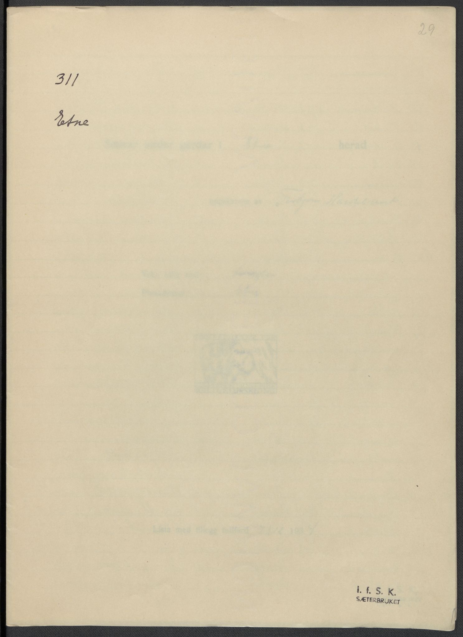 Instituttet for sammenlignende kulturforskning, RA/PA-0424/F/Fc/L0009/0003: Eske B9: / Hordaland (perm XXIV), 1933-1938, p. 29