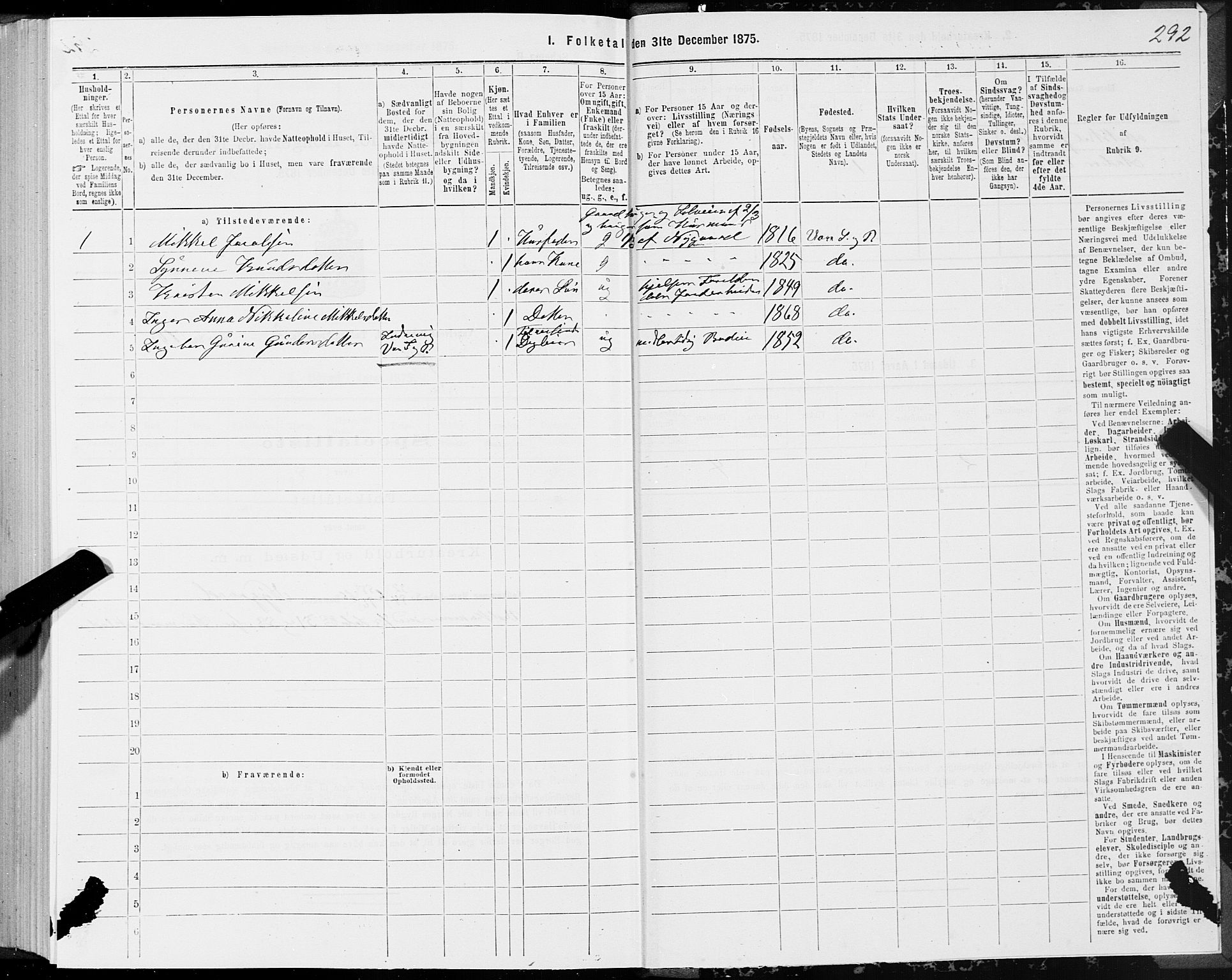 SAT, 1875 census for 1511P Vanylven, 1875, p. 1292