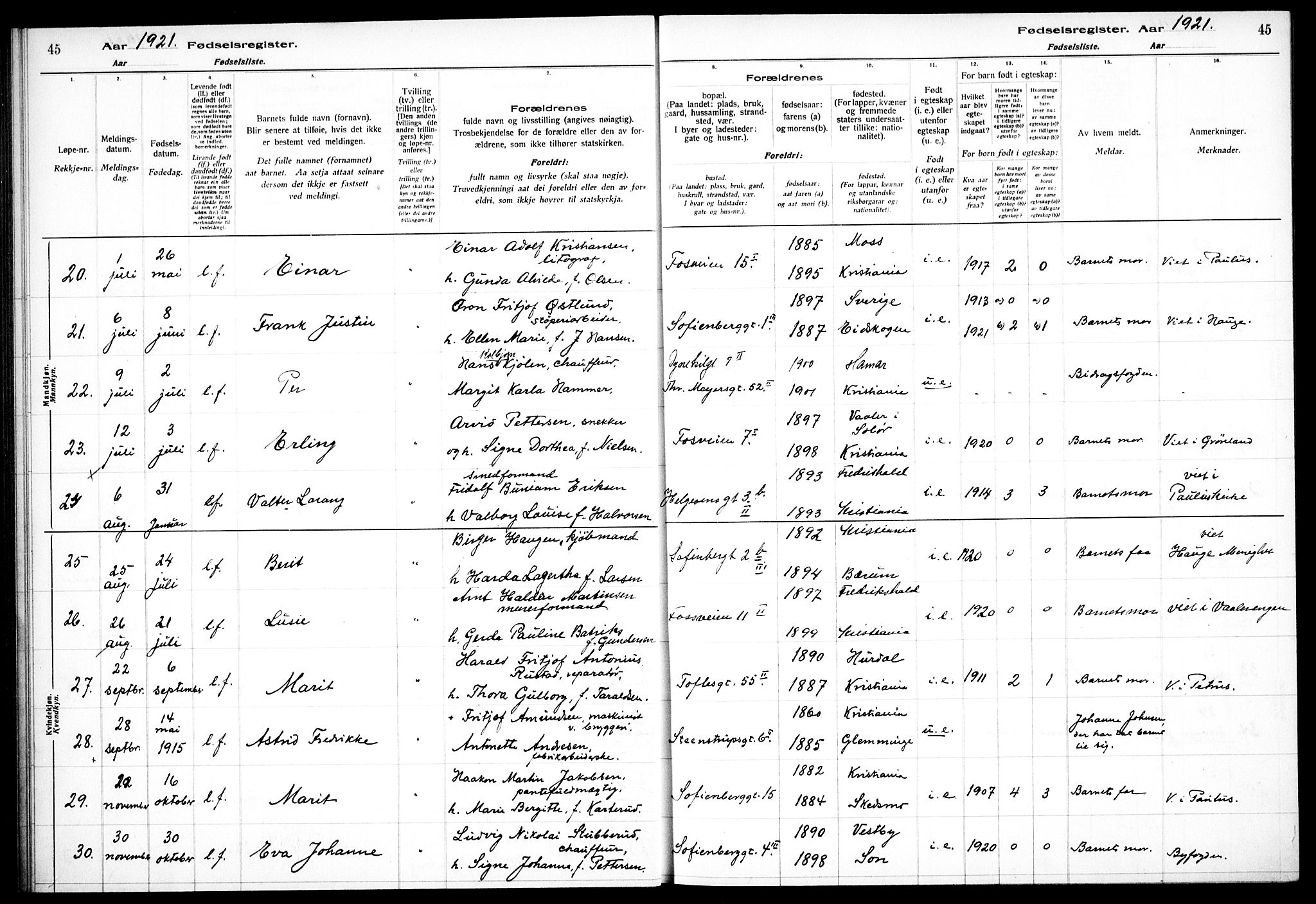 Hauge prestekontor Kirkebøker, AV/SAO-A-10849/J/Ja/L0001: Birth register no. 1, 1917-1938, p. 45