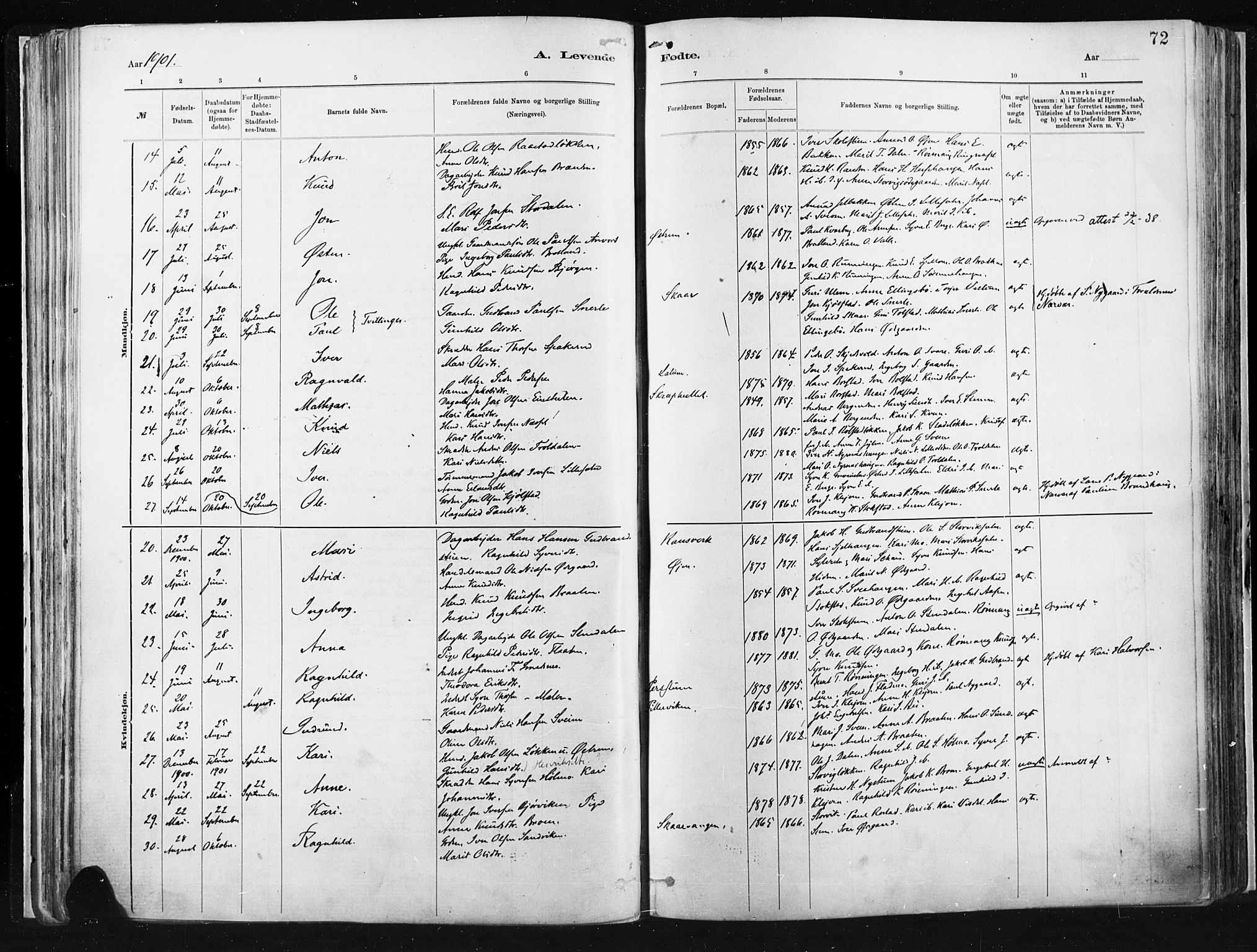 Vågå prestekontor, AV/SAH-PREST-076/H/Ha/Haa/L0009: Parish register (official) no. 9, 1886-1904, p. 72