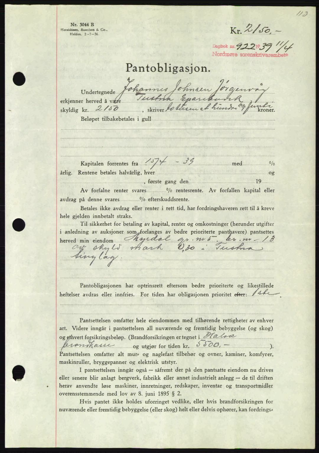 Nordmøre sorenskriveri, AV/SAT-A-4132/1/2/2Ca: Mortgage book no. B85, 1939-1939, Diary no: : 922/1939