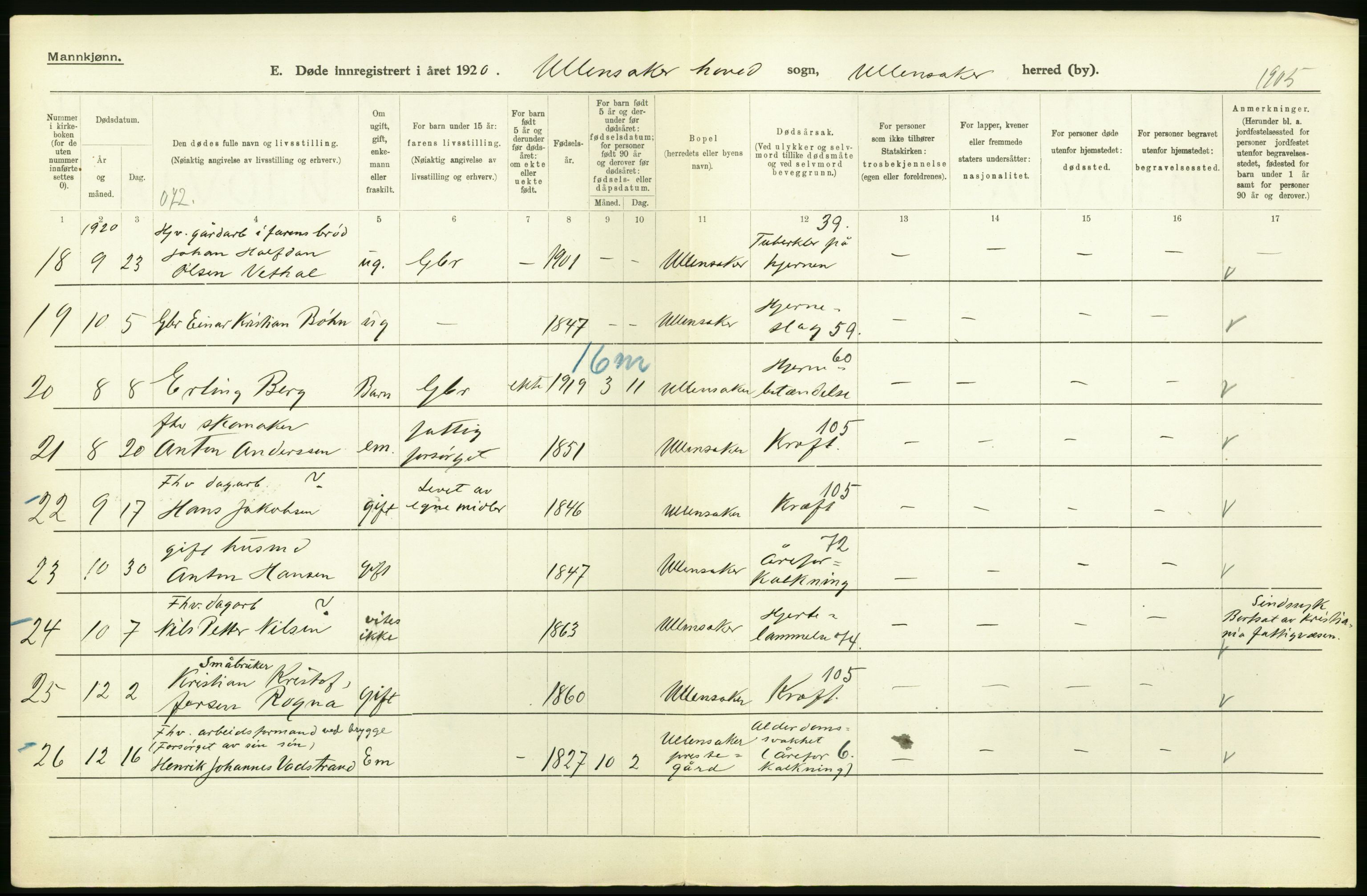 Statistisk sentralbyrå, Sosiodemografiske emner, Befolkning, AV/RA-S-2228/D/Df/Dfb/Dfbj/L0007: Akershus fylke: Døde. Bygder og byer., 1920, p. 196