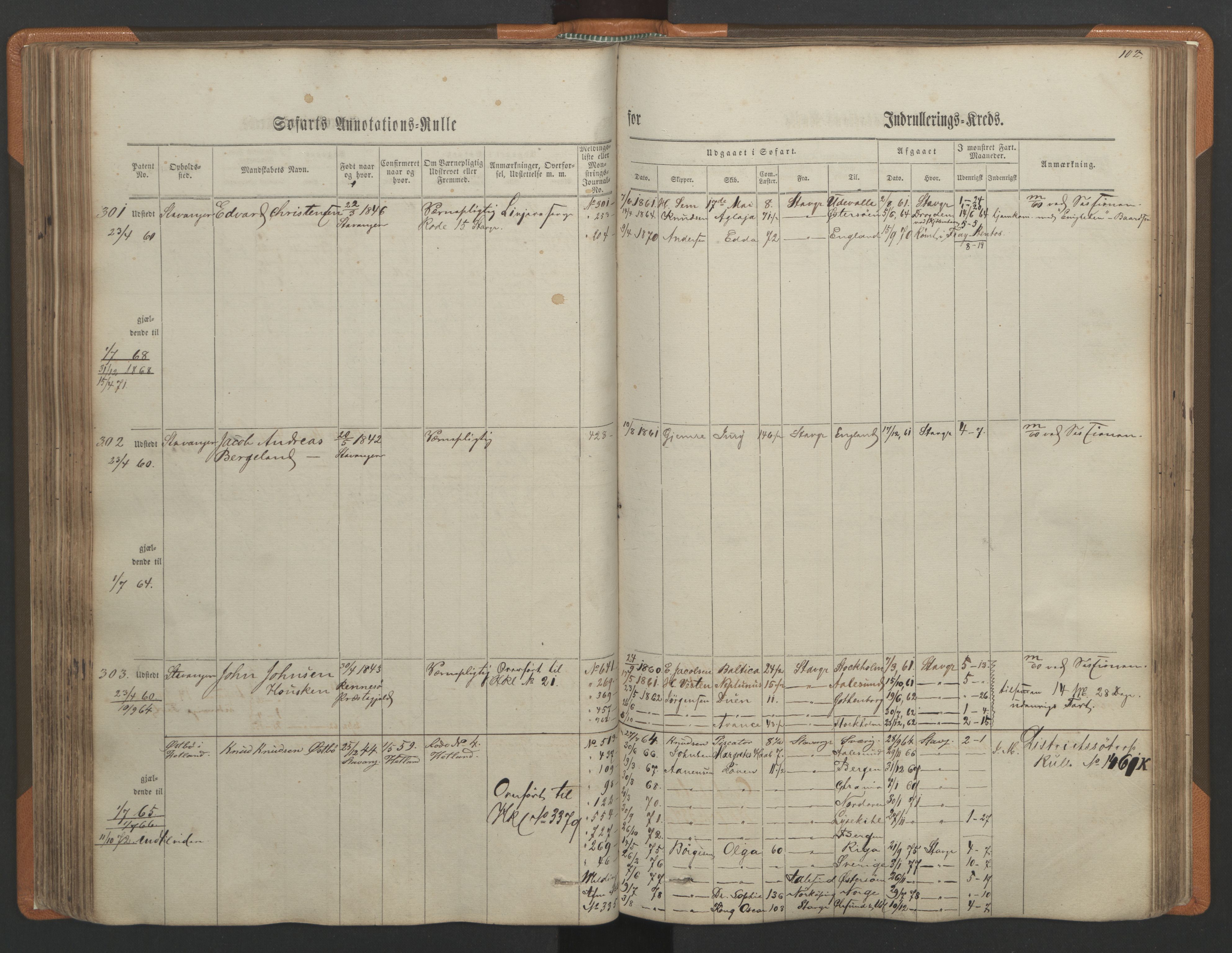 Stavanger sjømannskontor, AV/SAST-A-102006/F/Ff/L0001: Annotasjonsrulle, patentnr. 1-597 (del 1), 1860-1864, p. 111