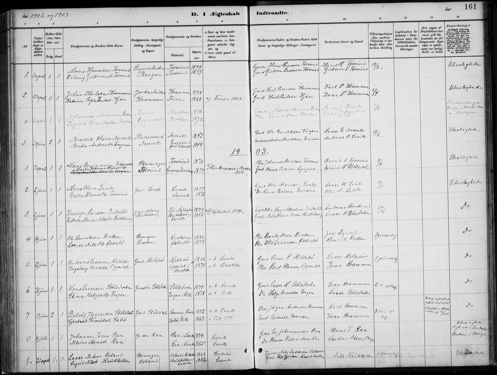 Lavik sokneprestembete, SAB/A-80901: Parish register (copy) no. A 2, 1882-1910, p. 161