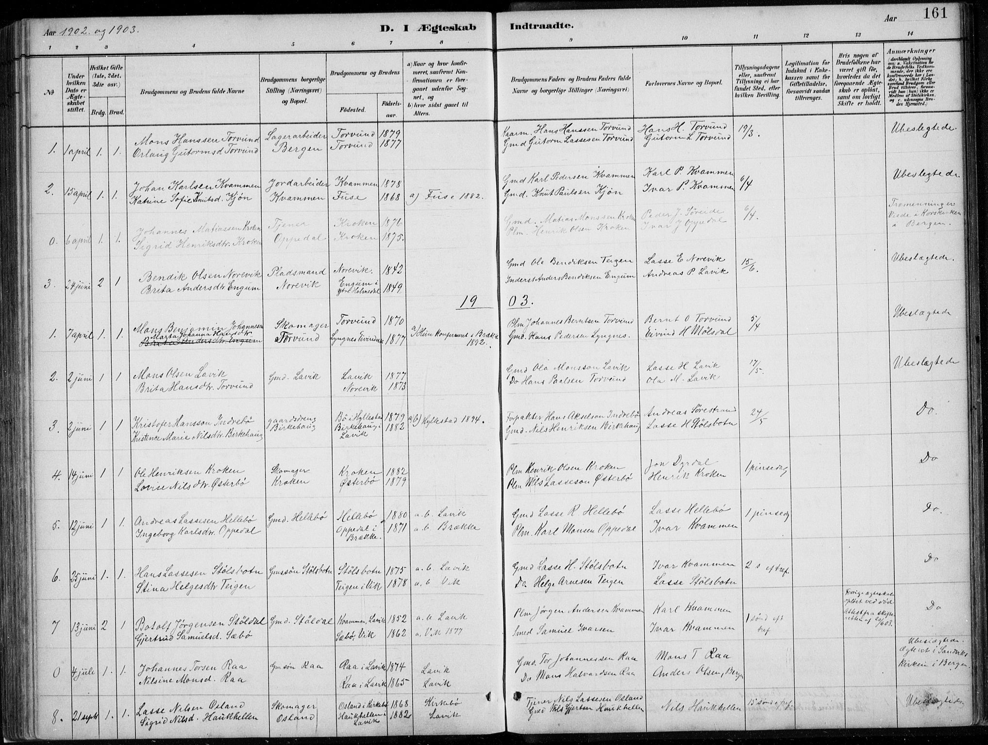 Lavik sokneprestembete, AV/SAB-A-80901: Parish register (copy) no. A 2, 1882-1910, p. 161