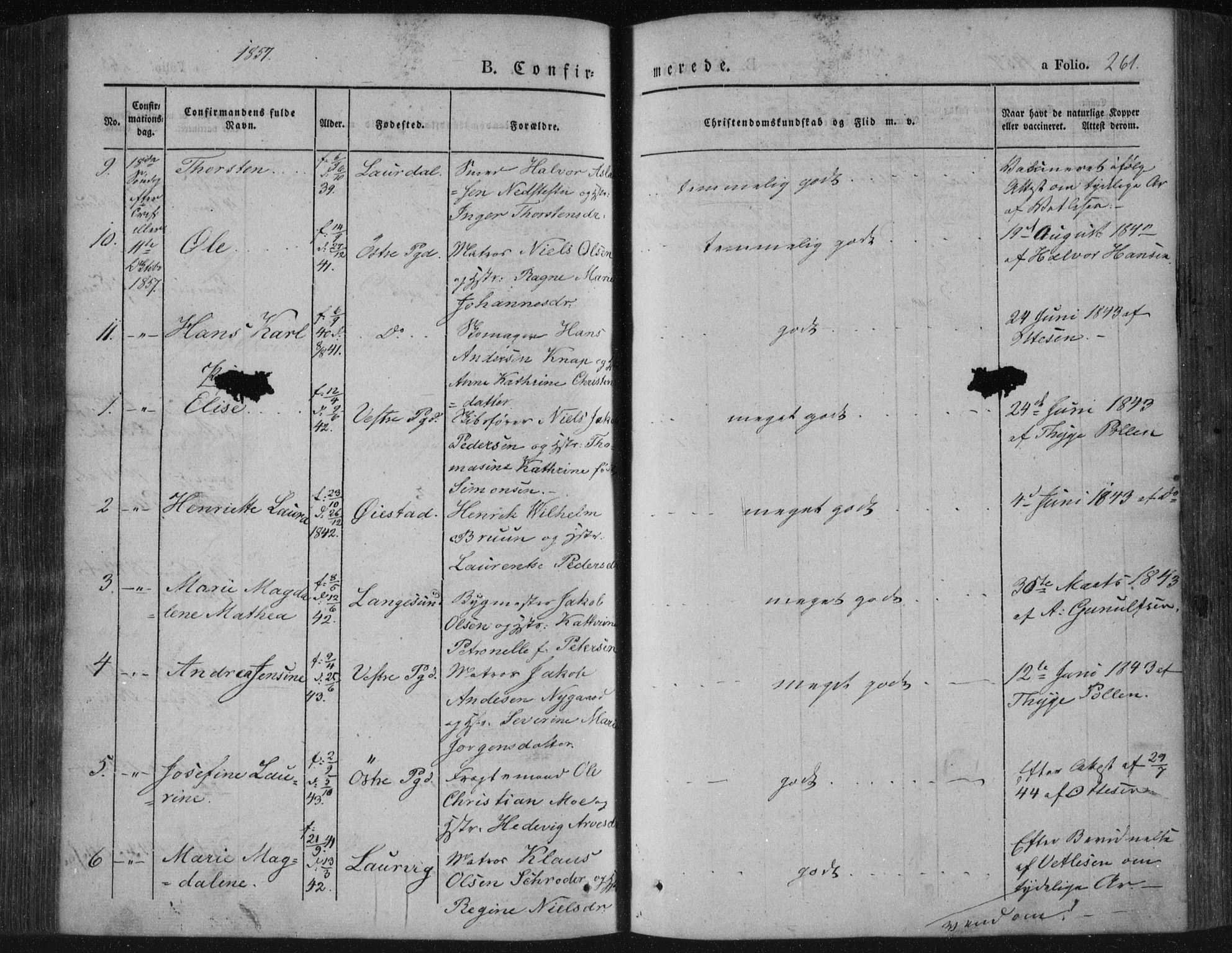 Porsgrunn kirkebøker , AV/SAKO-A-104/F/Fa/L0006: Parish register (official) no. 6, 1841-1857, p. 261