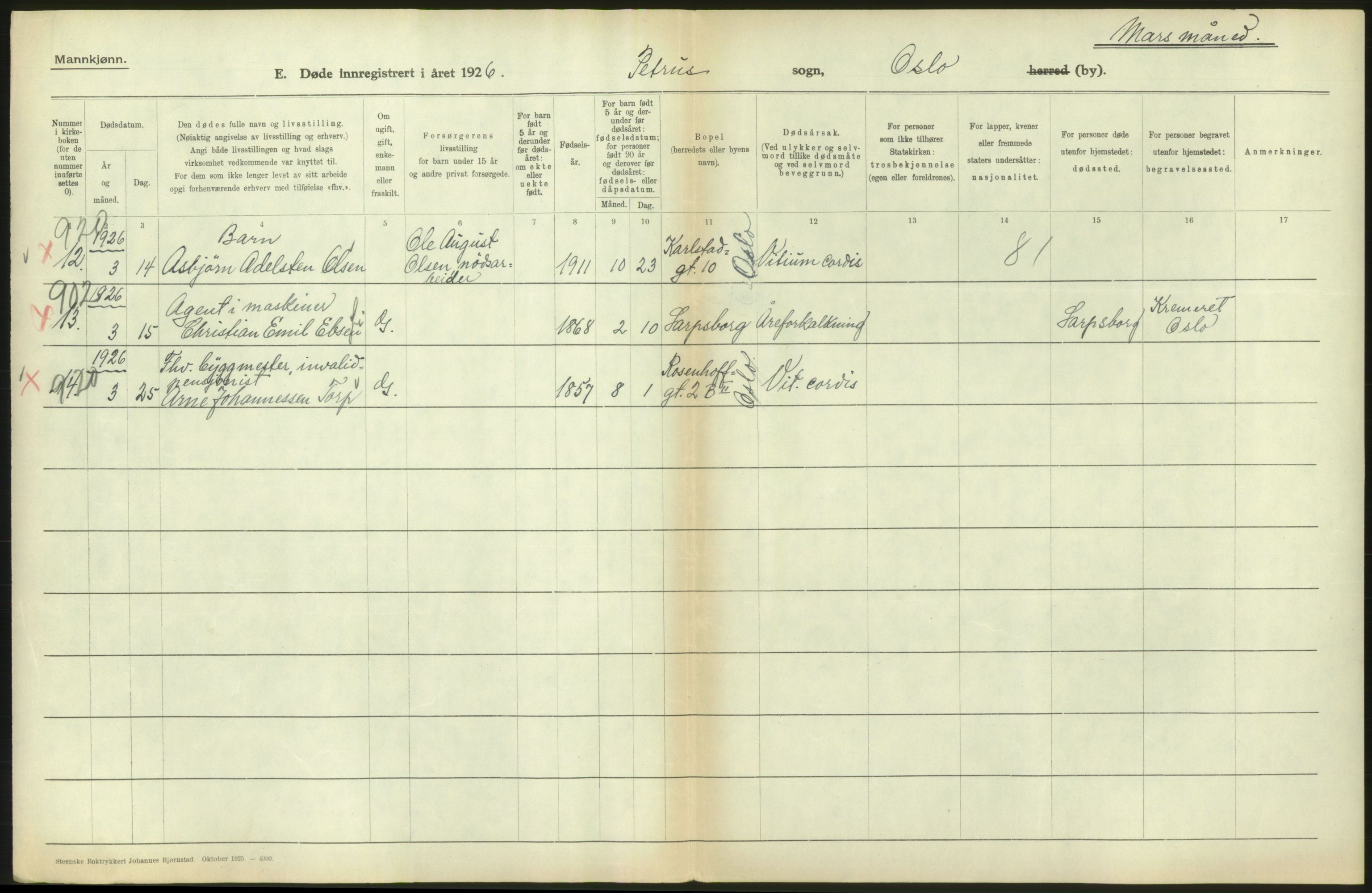 Statistisk sentralbyrå, Sosiodemografiske emner, Befolkning, AV/RA-S-2228/D/Df/Dfc/Dfcf/L0009: Oslo: Døde menn, 1926, p. 270