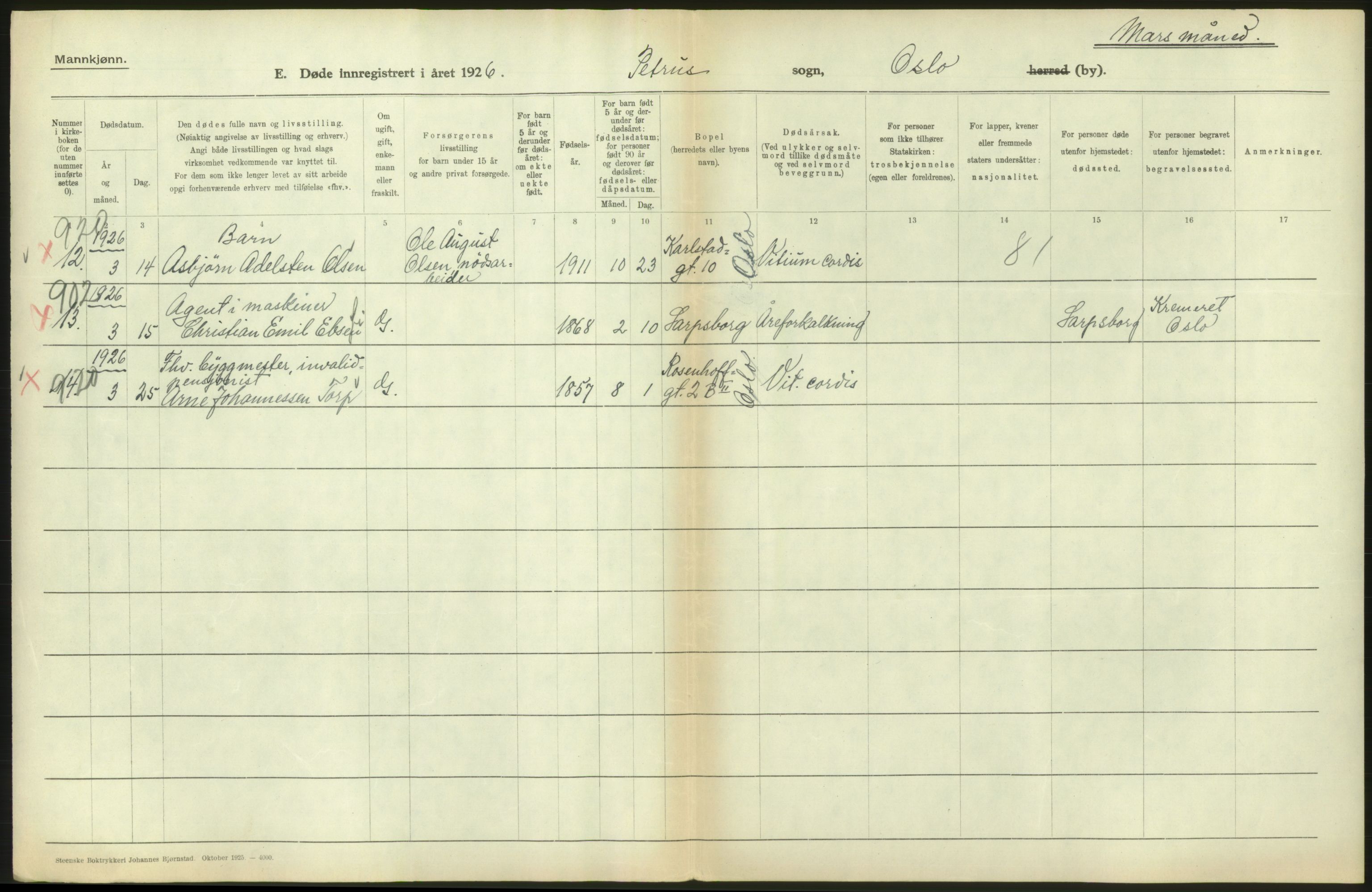 Statistisk sentralbyrå, Sosiodemografiske emner, Befolkning, AV/RA-S-2228/D/Df/Dfc/Dfcf/L0009: Oslo: Døde menn, 1926, p. 270