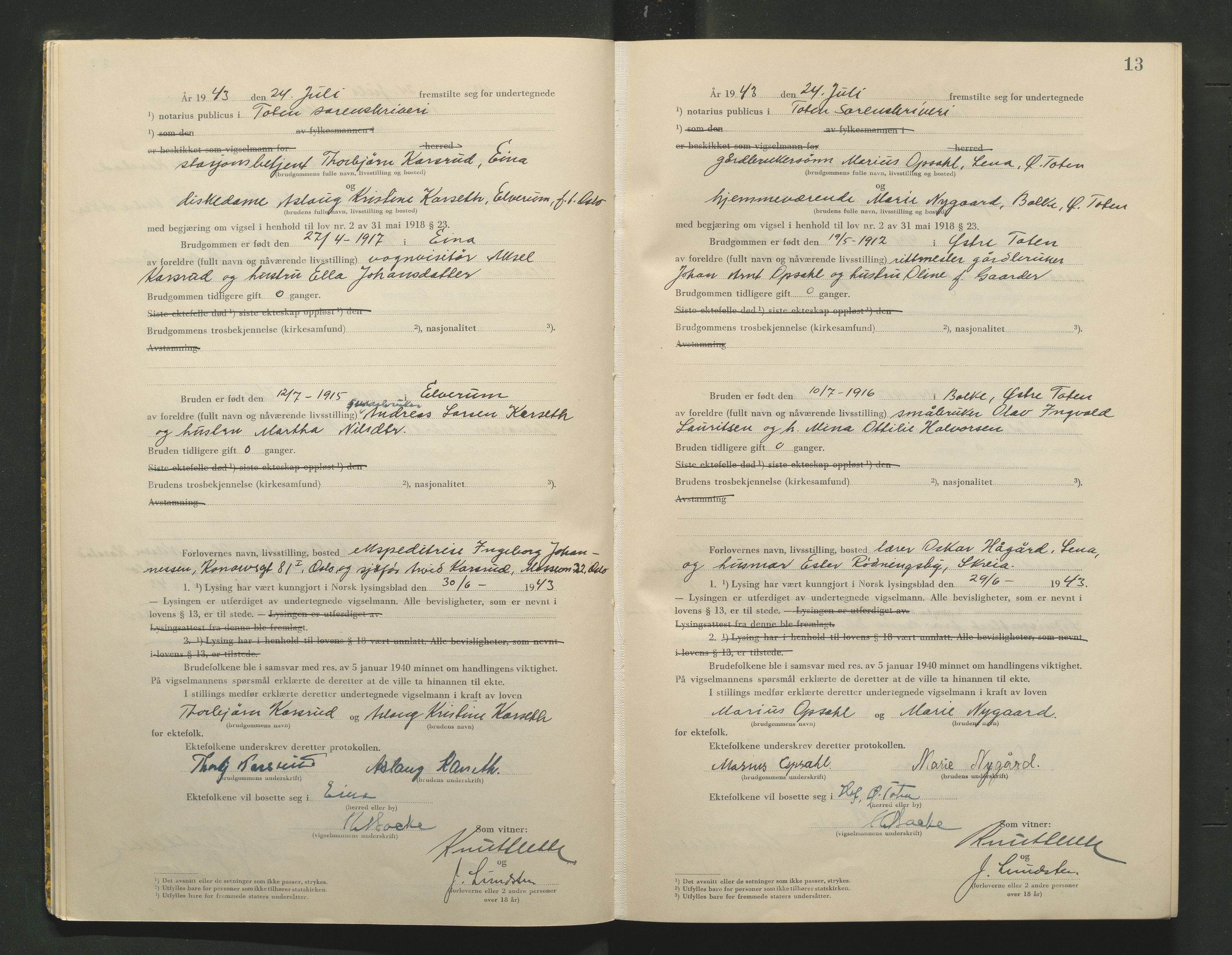 Toten tingrett, AV/SAH-TING-006/L/Lc/L0003: Vigselbok, 1943-1944, p. 13