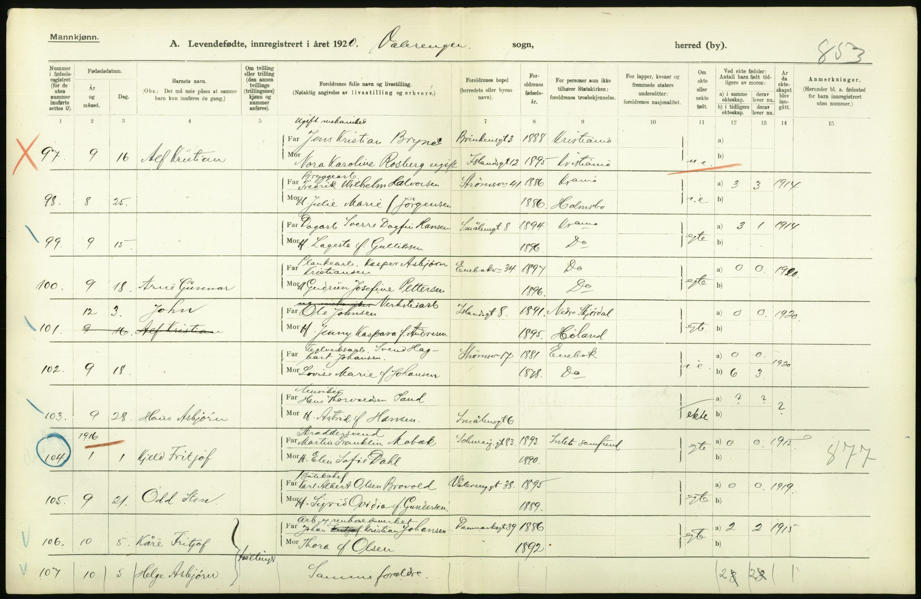 Statistisk sentralbyrå, Sosiodemografiske emner, Befolkning, AV/RA-S-2228/D/Df/Dfb/Dfbj/L0008: Kristiania: Levendefødte menn og kvinner., 1920, p. 104