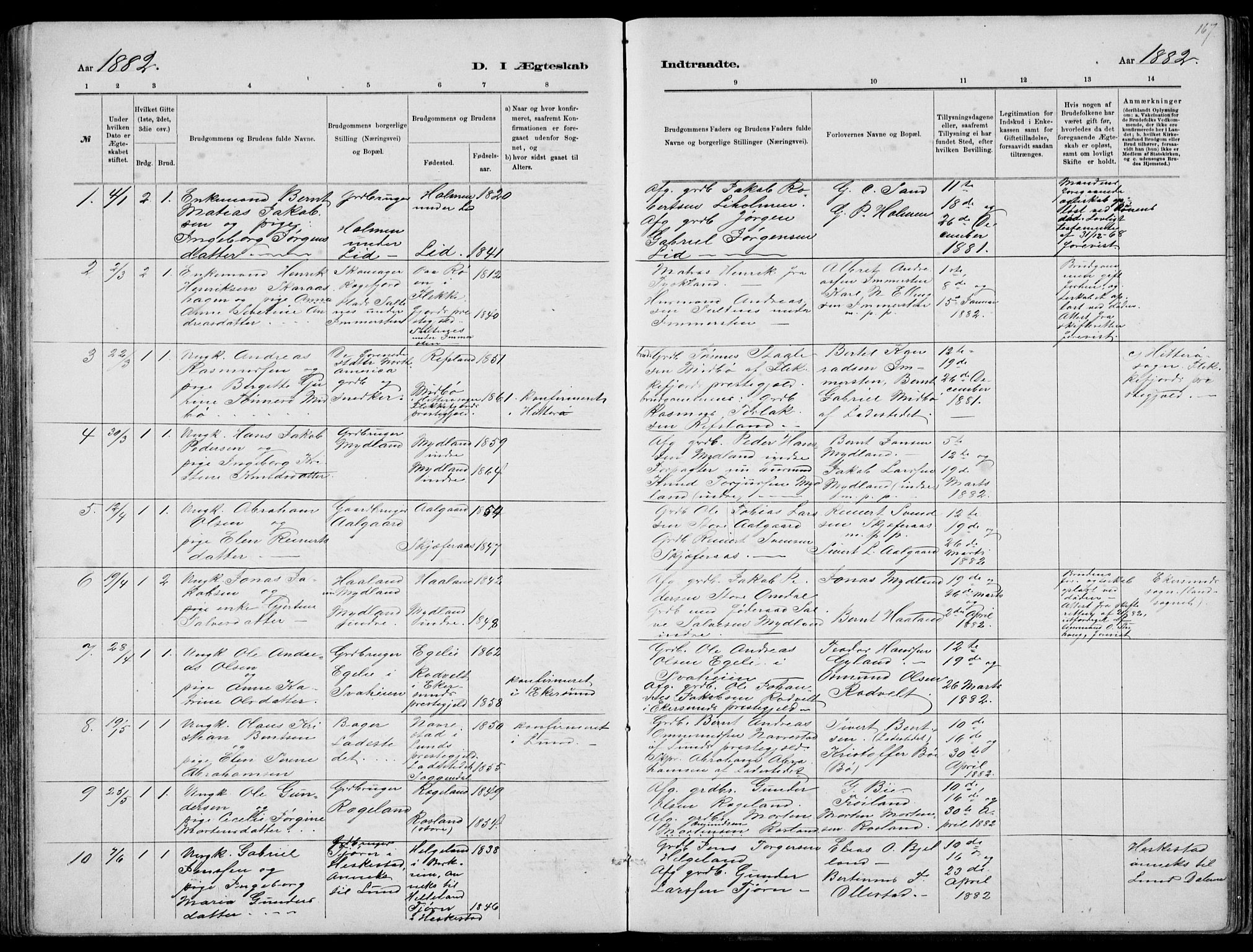 Sokndal sokneprestkontor, AV/SAST-A-101808: Parish register (copy) no. B 4, 1880-1891, p. 167