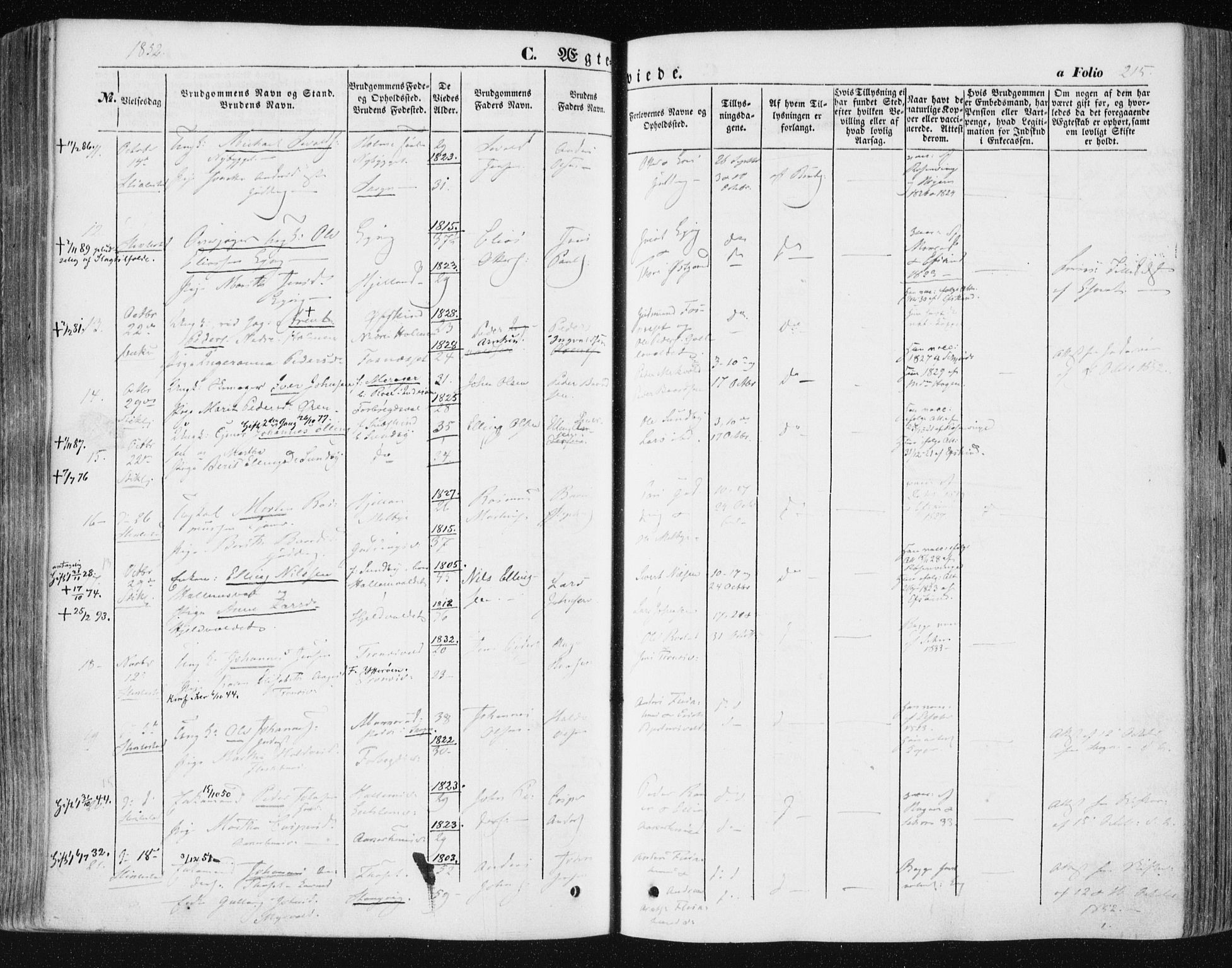 Ministerialprotokoller, klokkerbøker og fødselsregistre - Nord-Trøndelag, AV/SAT-A-1458/723/L0240: Parish register (official) no. 723A09, 1852-1860, p. 215