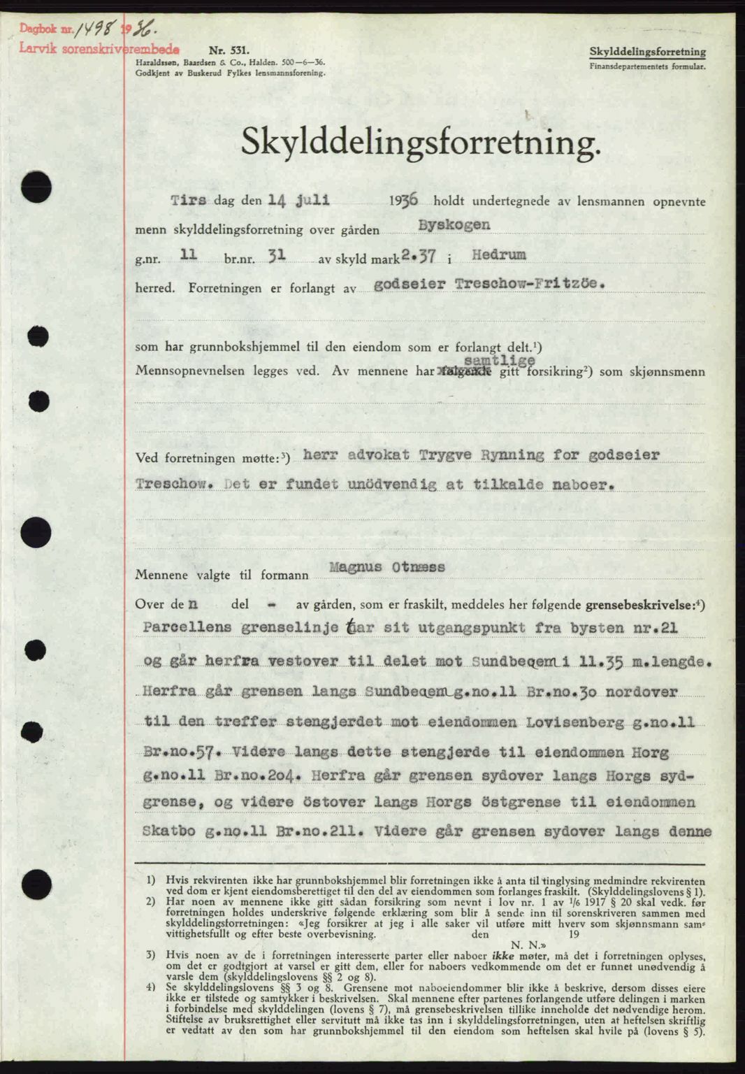 Larvik sorenskriveri, SAKO/A-83/G/Ga/Gab/L0067: Mortgage book no. A-1, 1936-1937, Diary no: : 1498/1936