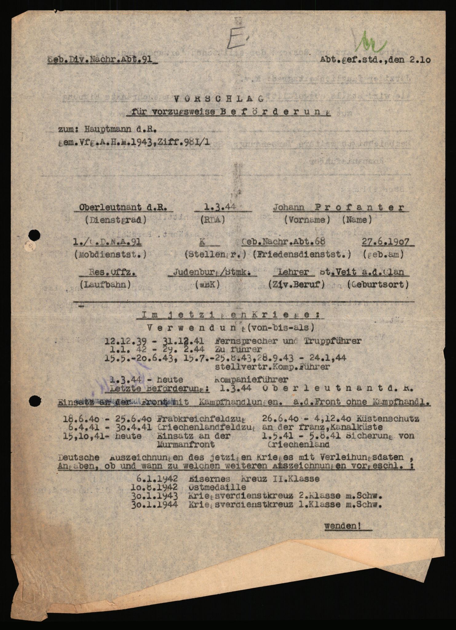 Forsvarets Overkommando. 2 kontor. Arkiv 11.4. Spredte tyske arkivsaker, AV/RA-RAFA-7031/D/Dar/Dara/L0018: Personalbøker, 1940-1945, p. 1217