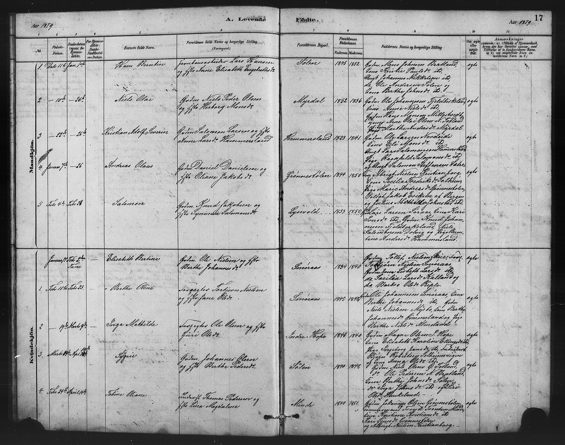 Birkeland Sokneprestembete, SAB/A-74601/H/Hab: Parish register (copy) no. A 3, 1877-1887, p. 17