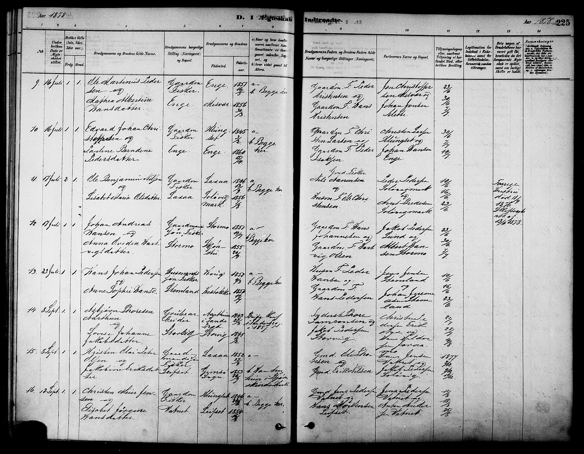 Ministerialprotokoller, klokkerbøker og fødselsregistre - Nordland, AV/SAT-A-1459/852/L0740: Parish register (official) no. 852A10, 1878-1894, p. 225