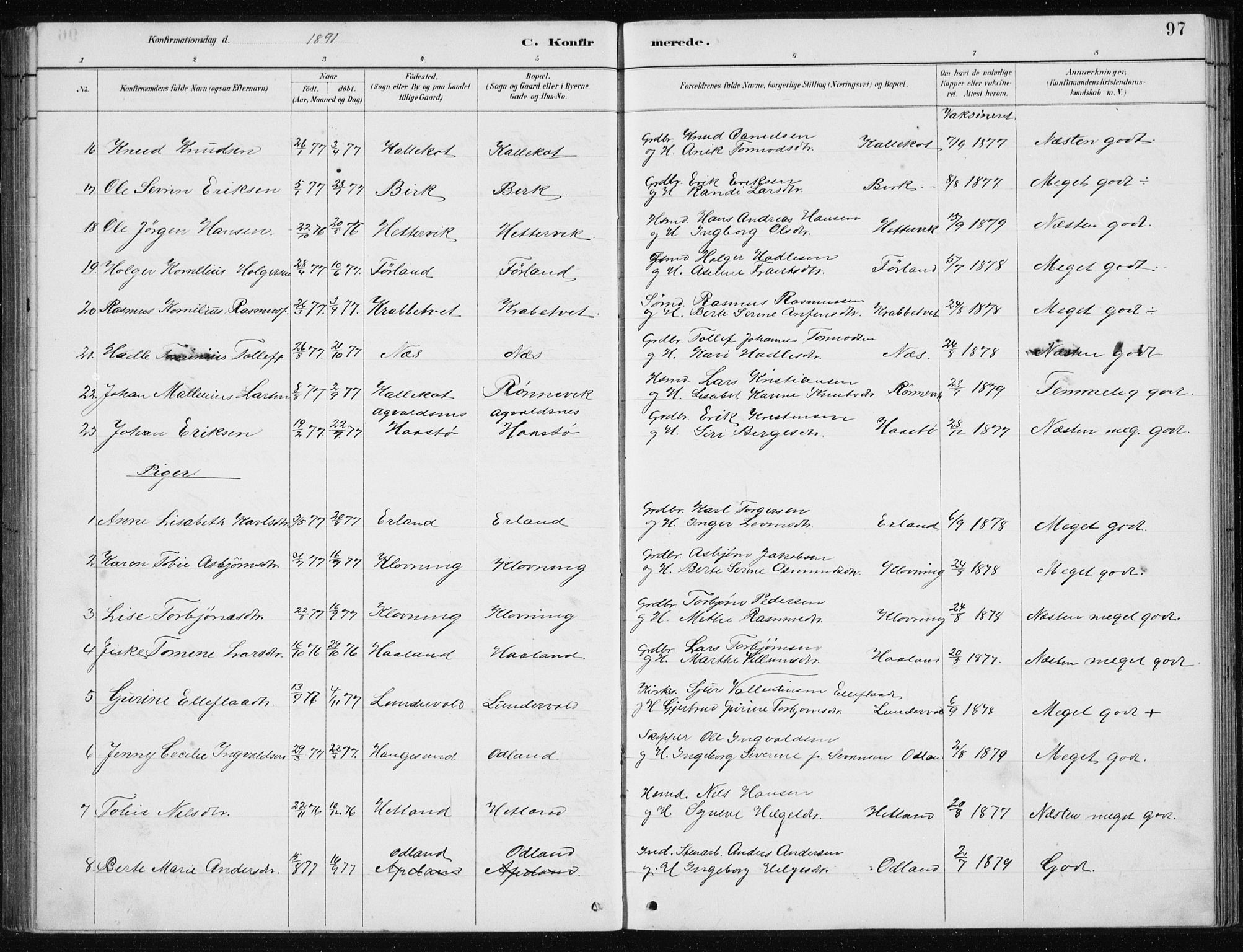 Tysvær sokneprestkontor, SAST/A -101864/H/Ha/Hab/L0004: Parish register (copy) no. B 4, 1883-1896, p. 97