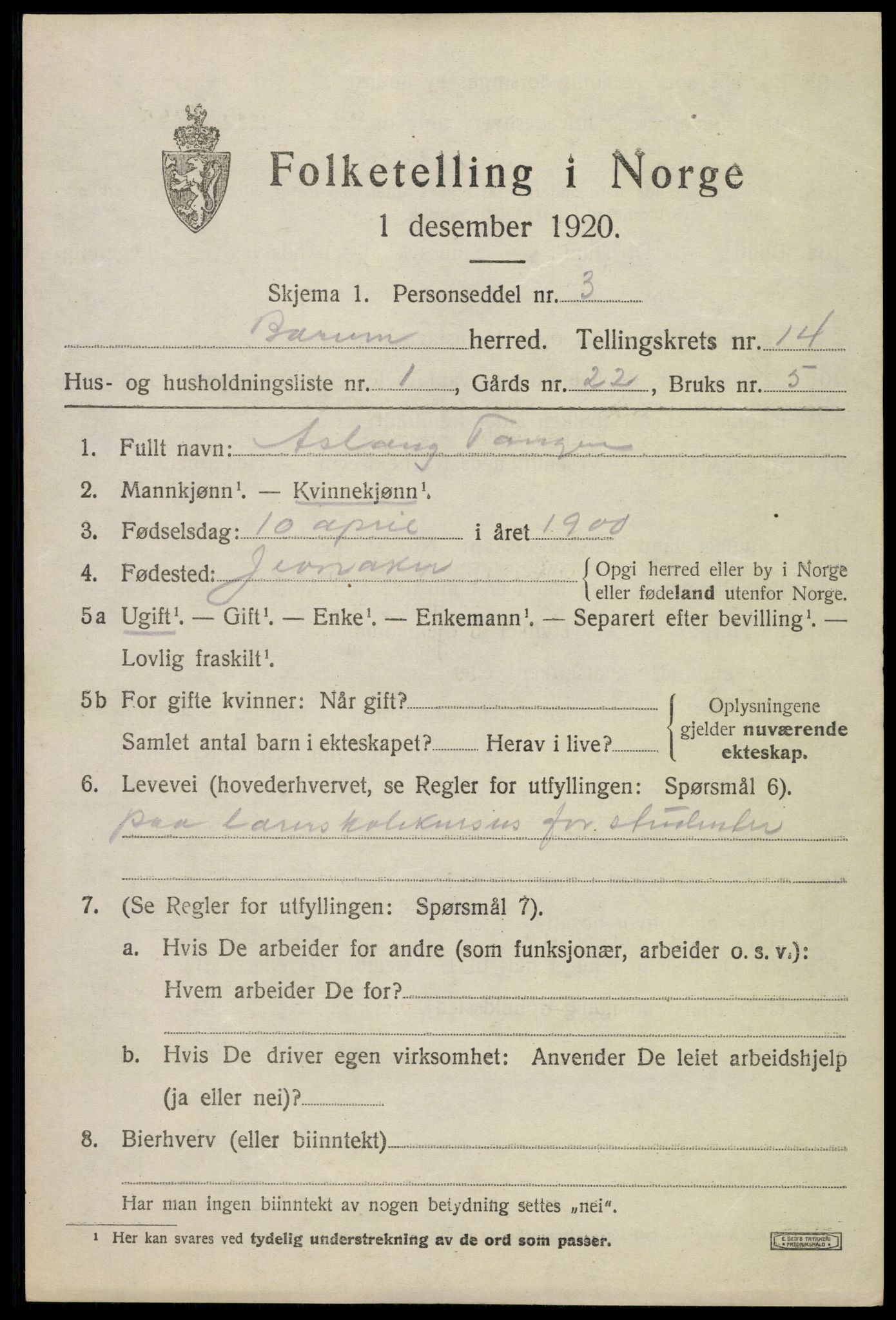 SAO, 1920 census for Bærum, 1920, p. 41134