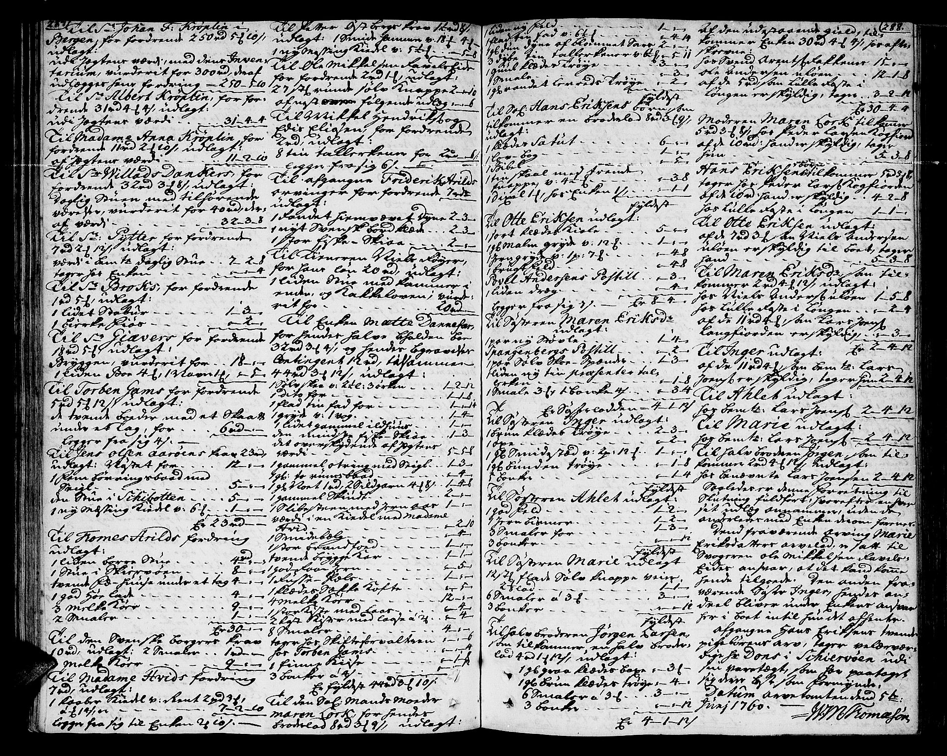 Senja og Tromsø sorenskriveri , AV/SATØ-SATØ-31/H/Hb/L0140: Skifteutlodningsprotokoll - Tromsø distrikt, 1751-1770, p. 287-288