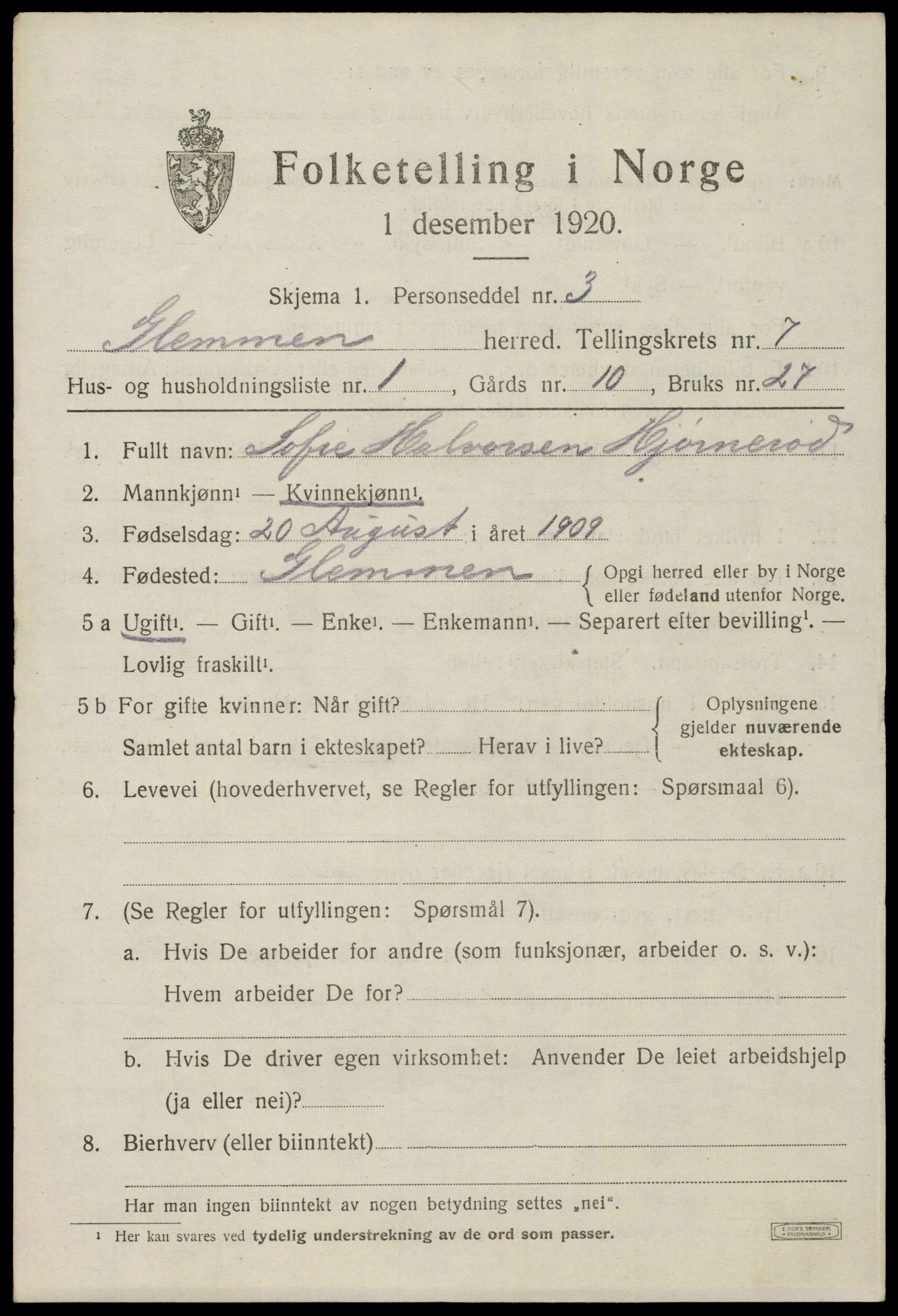 SAO, 1920 census for Glemmen, 1920, p. 23571