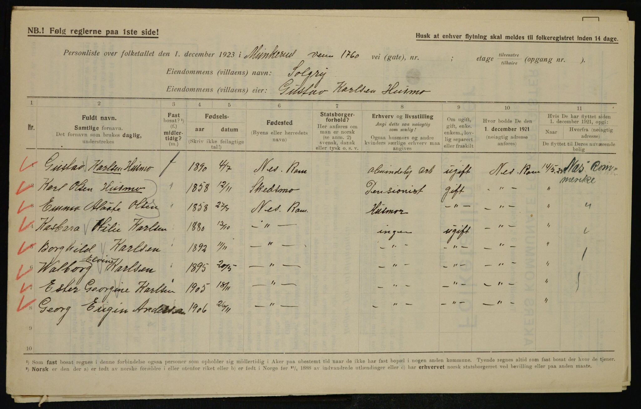 , Municipal Census 1923 for Aker, 1923, p. 42436