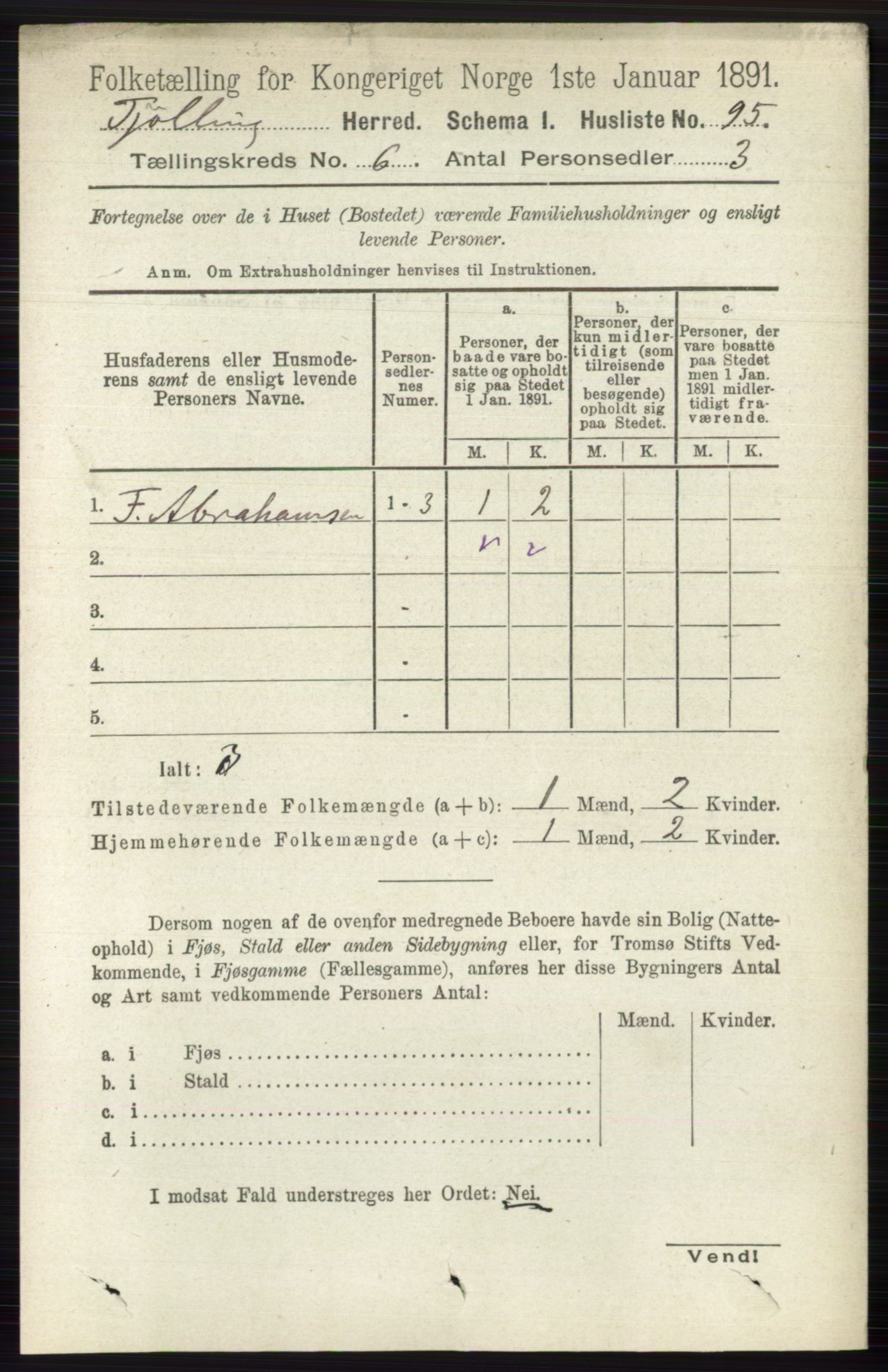 RA, 1891 census for 0725 Tjølling, 1891, p. 2896