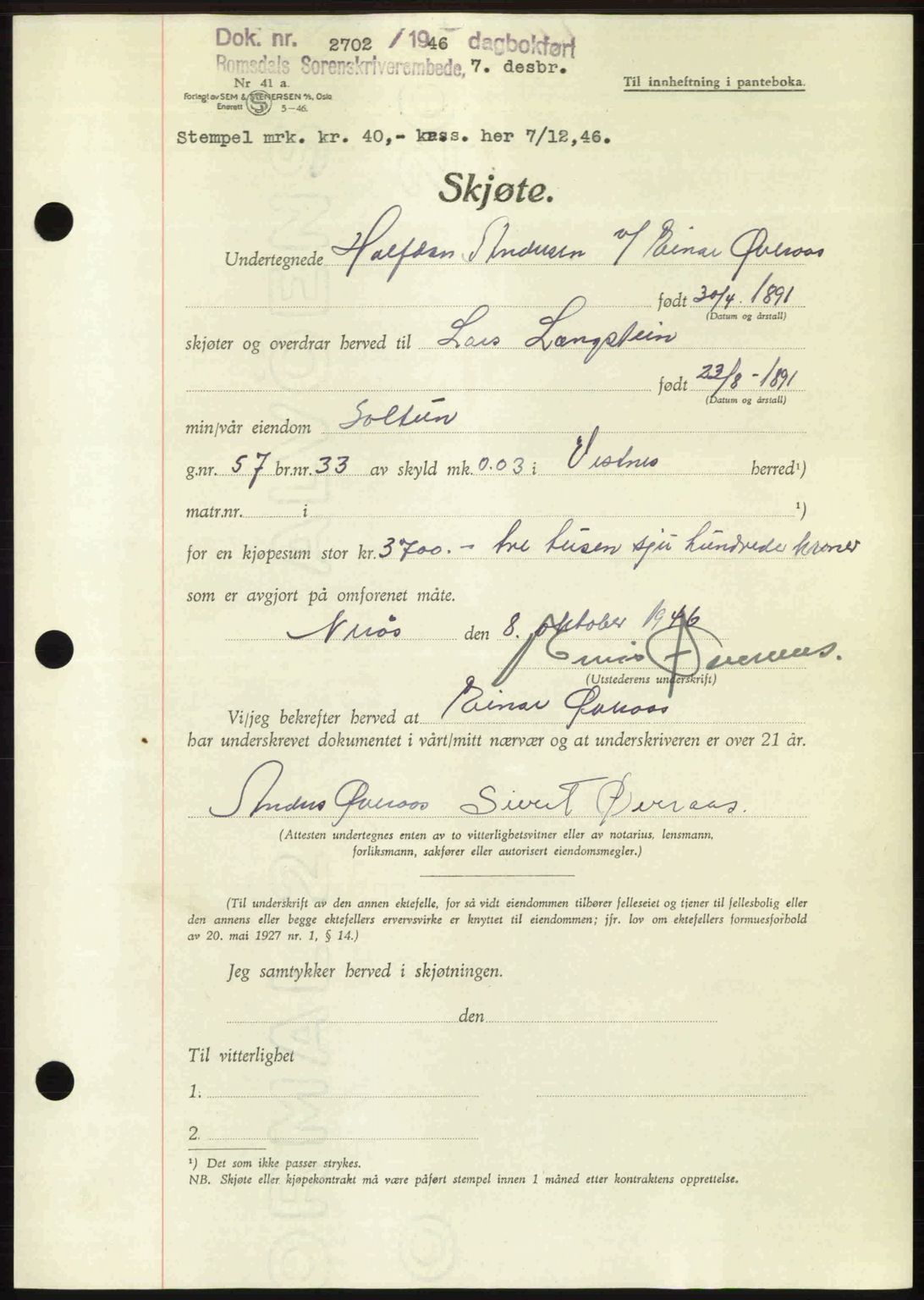 Romsdal sorenskriveri, AV/SAT-A-4149/1/2/2C: Mortgage book no. A21, 1946-1946, Diary no: : 2702/1946